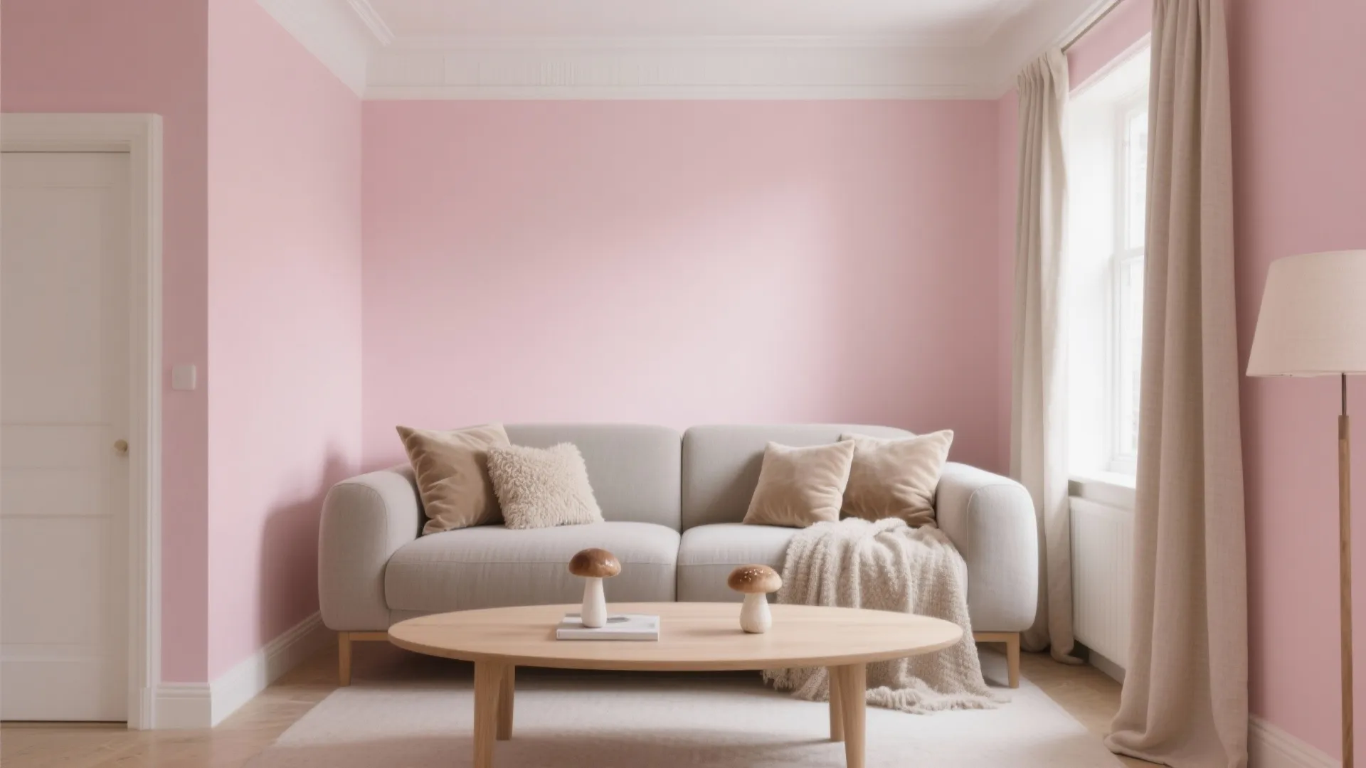 Modern living room featuring pink walls a grey sofa wooden coffee table and floor lamp