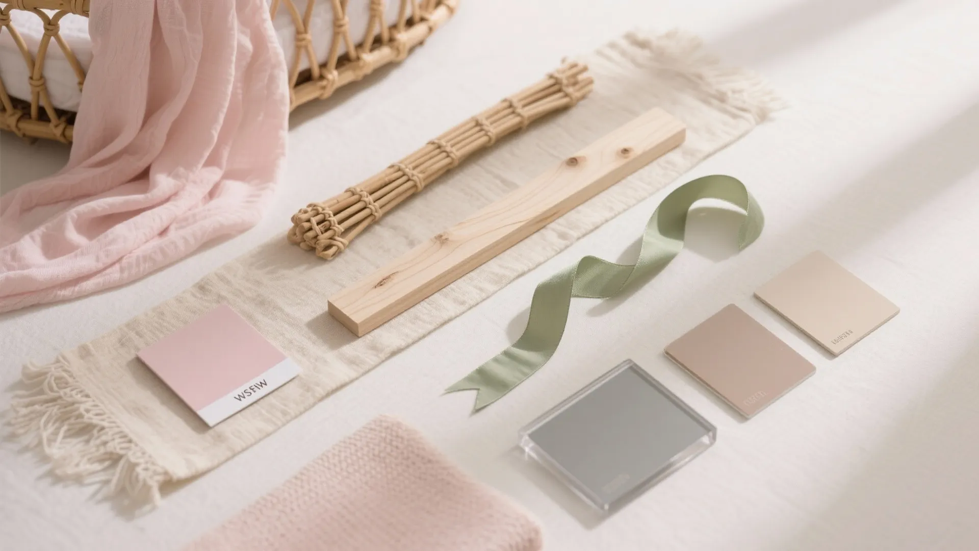 Interior design material selection with wood samples green ribbon pink fabric and small color cards