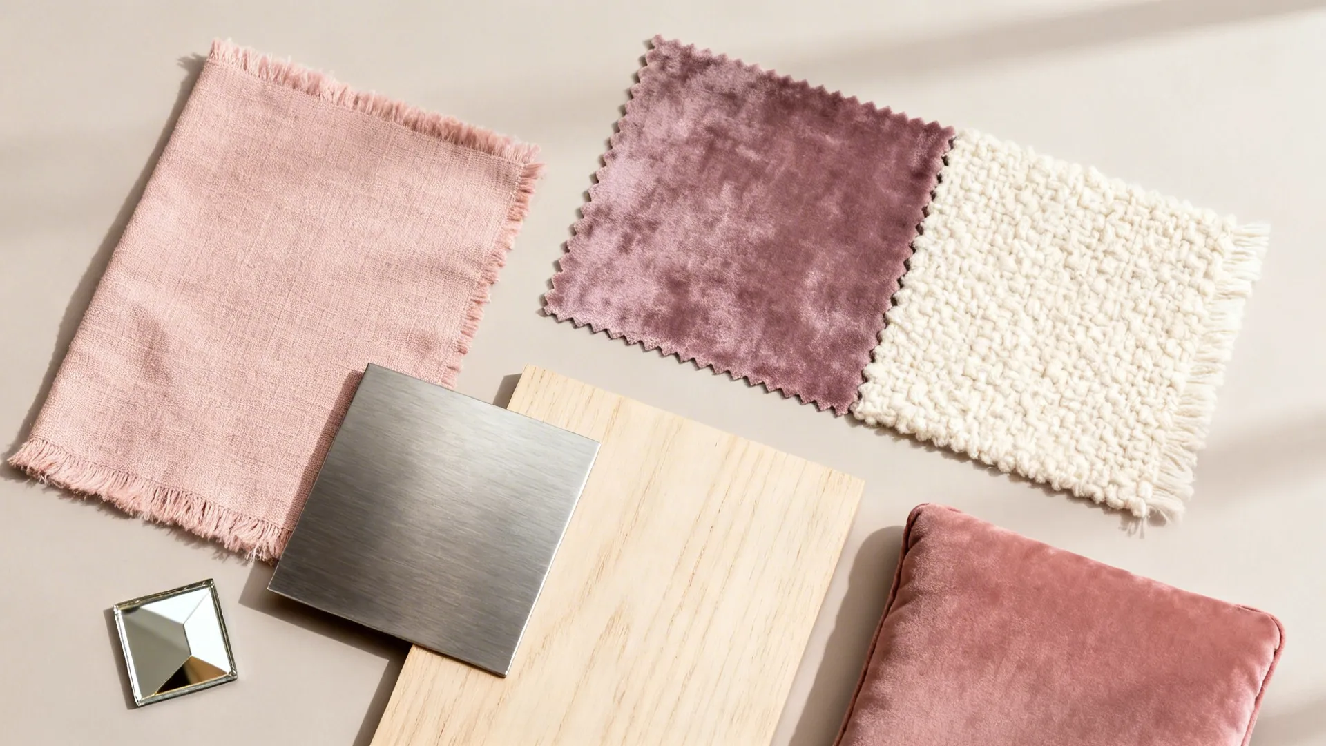 Flatlay of blush linens, dusty mauve velvet, cream boucle, pale wood, and matte metal samples.