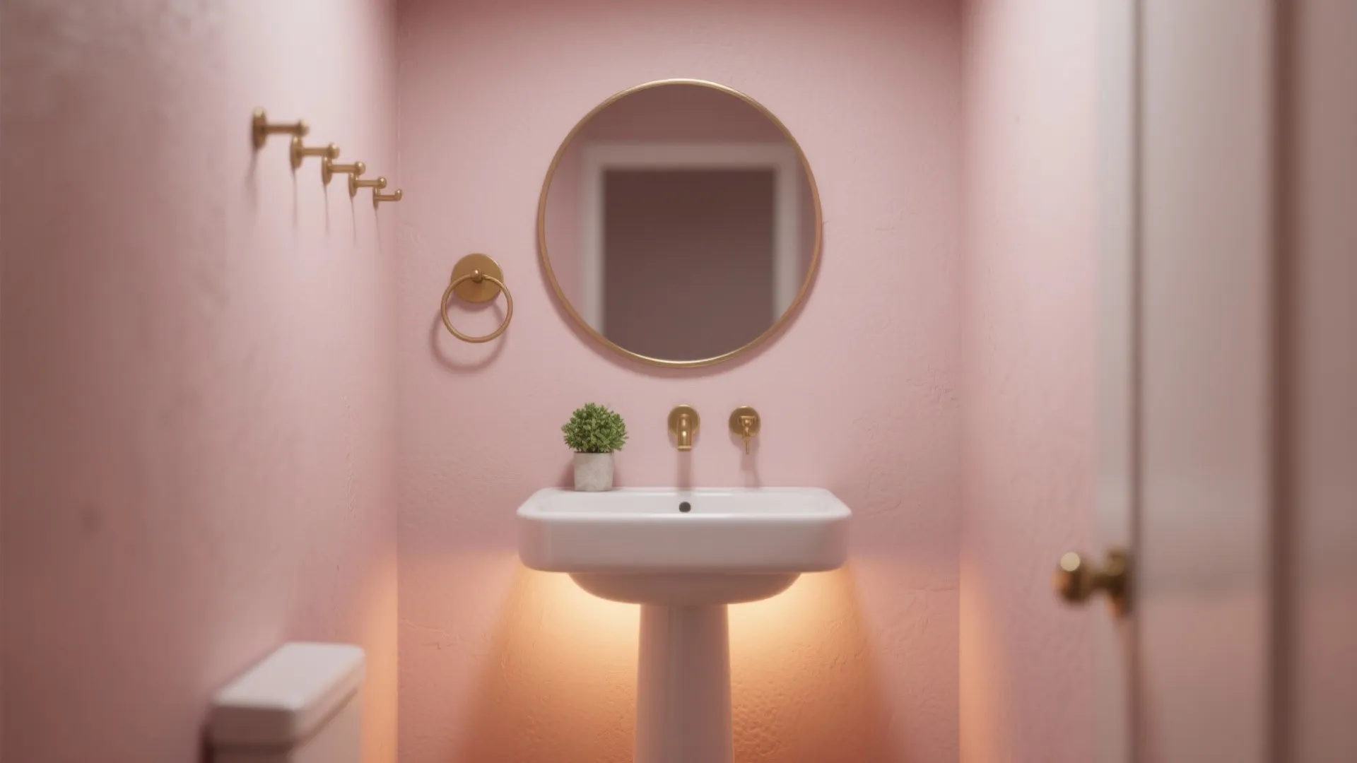 Powder room with soft blush walls, matte white sink, brass hooks and small plant