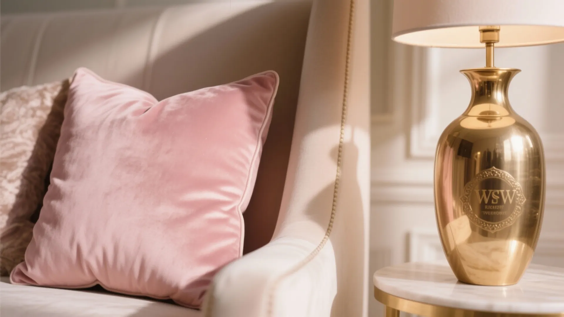 Pink velvet pillow on a white sofa next to a gold lamp on side table