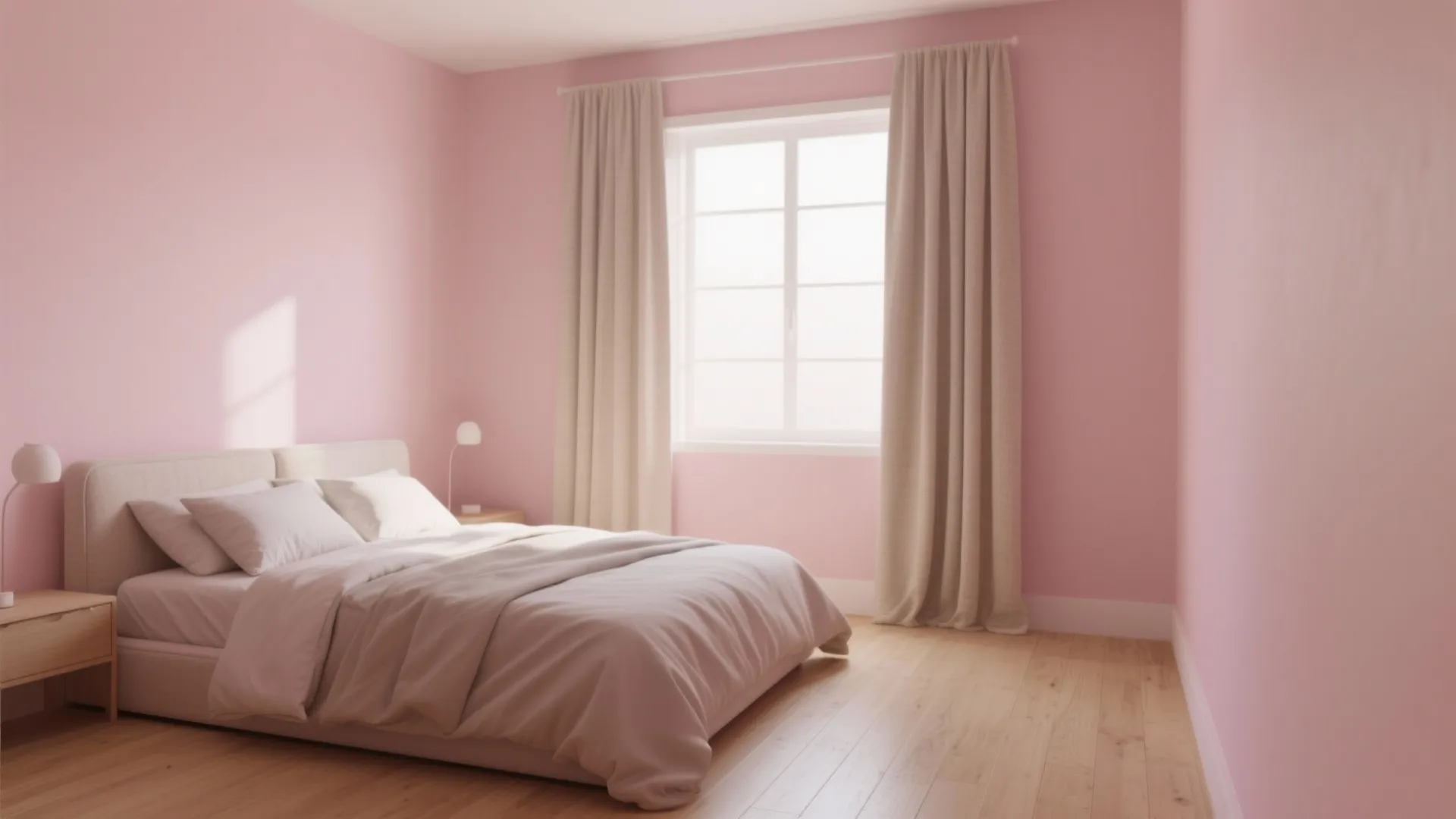 Minimalist bedroom with soft blush walls and linen curtains