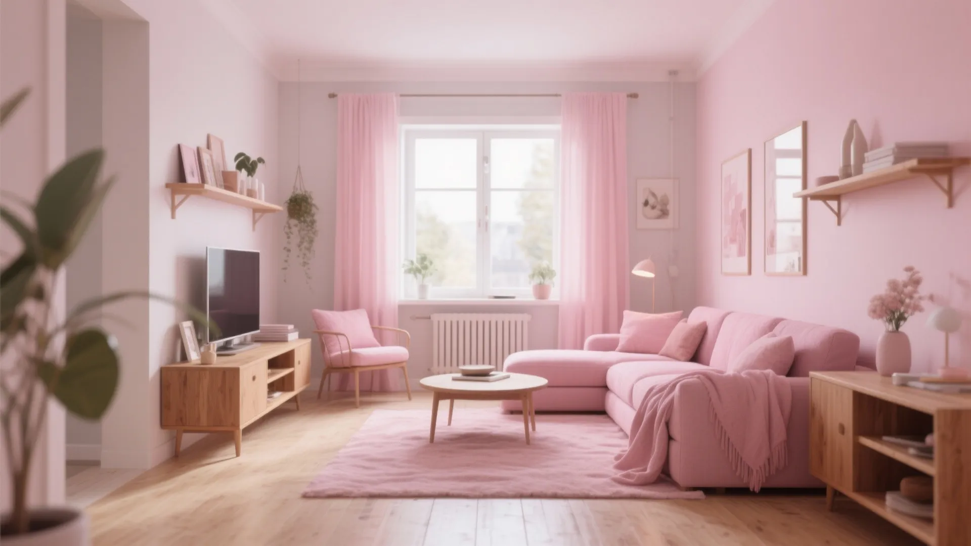 Pink living room featuring a pink sofa wooden cabinets pink rug and curtains with light