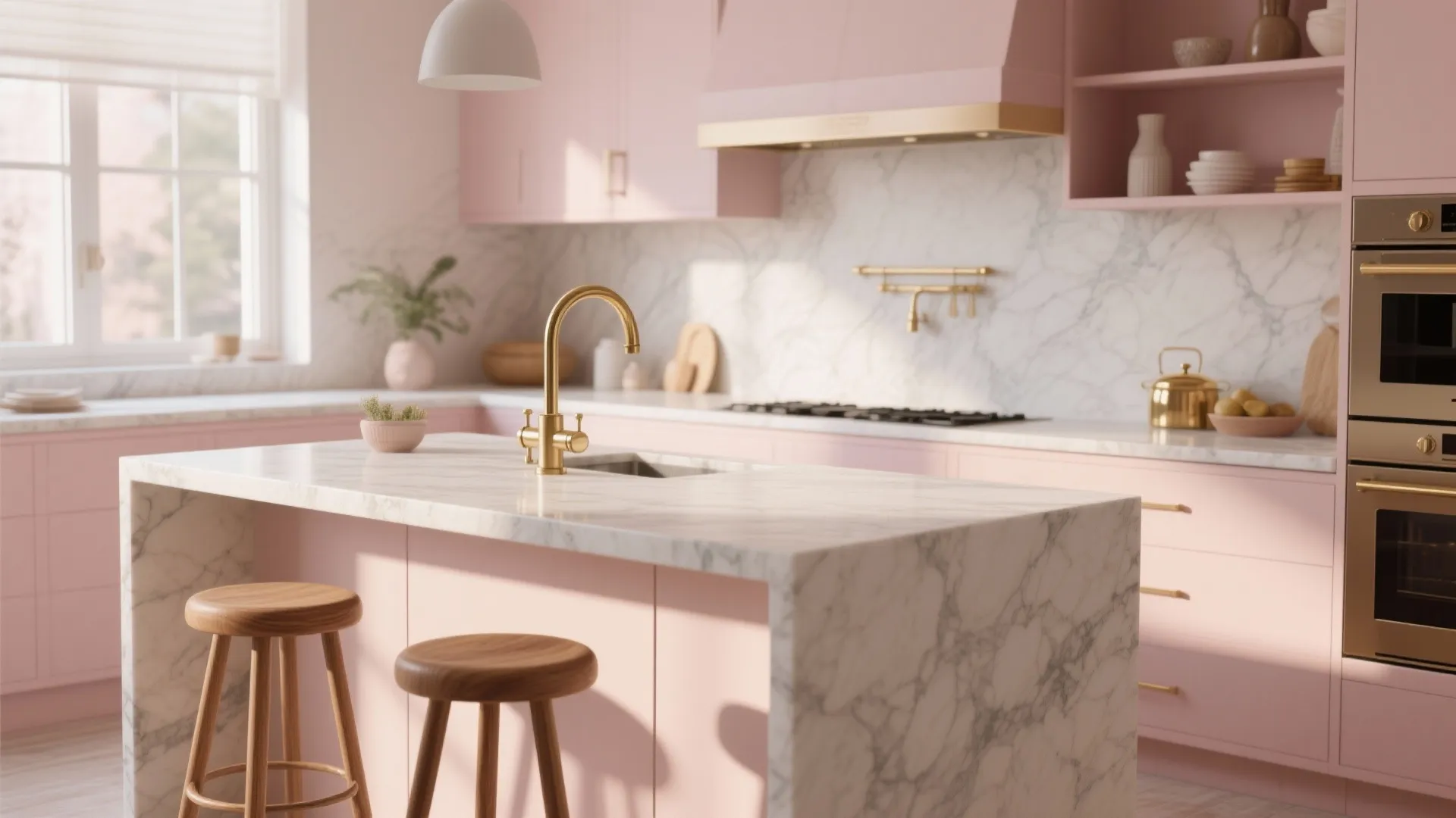 Pink kitchen with marble island gold faucet wooden stools double oven and white wall window light