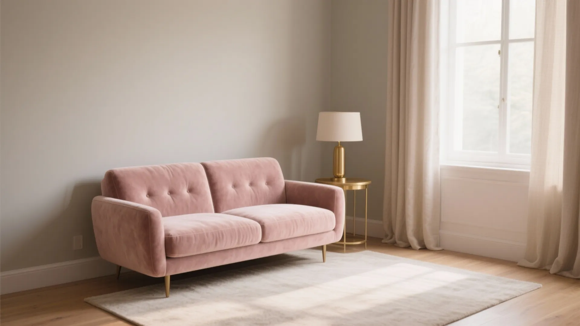 Pink velvet sofa next to a gold side table and lamp by a white window