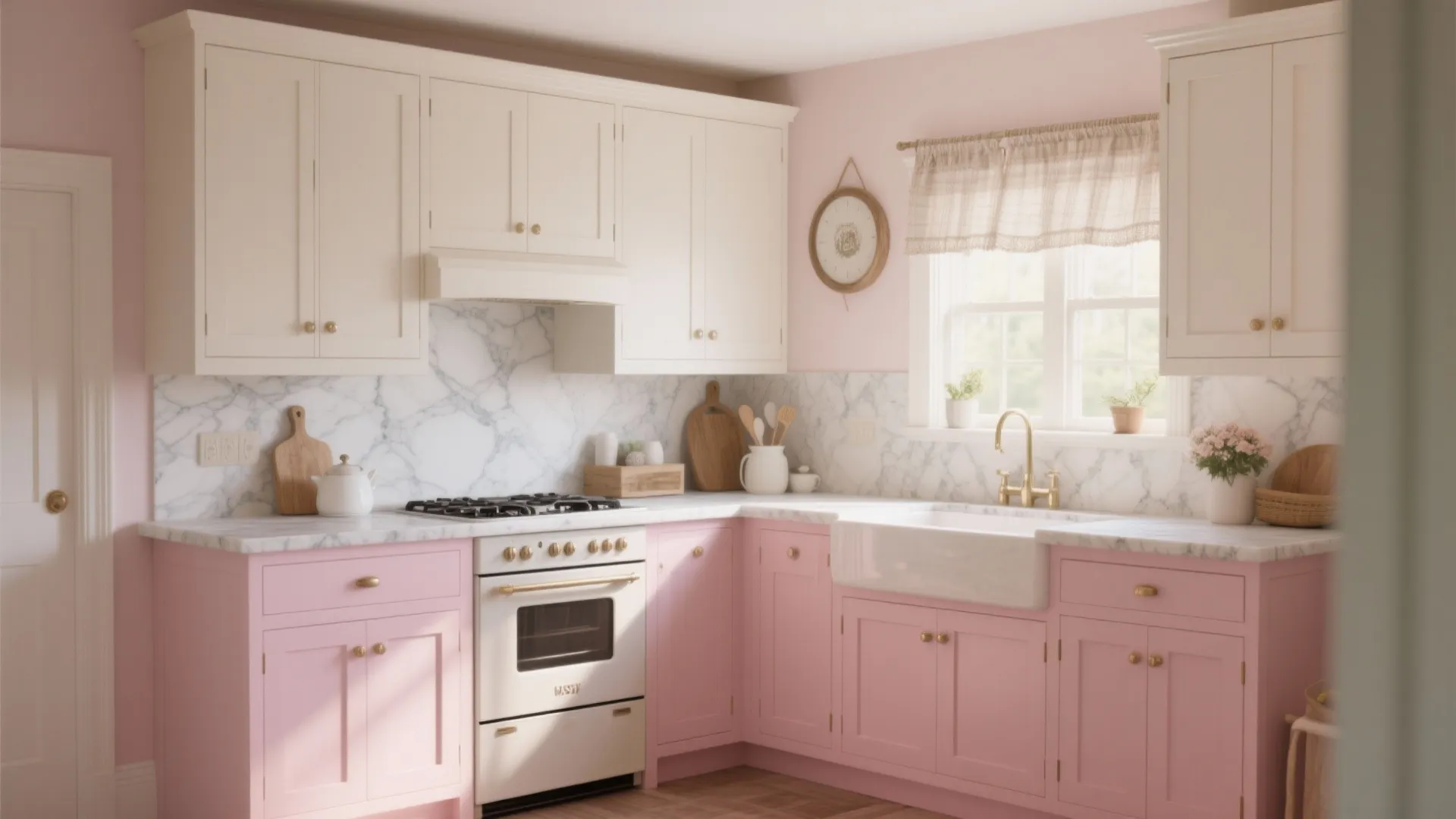 Modern kitchen with pink lower cabinets white upper cabinets marble backsplash and a white oven