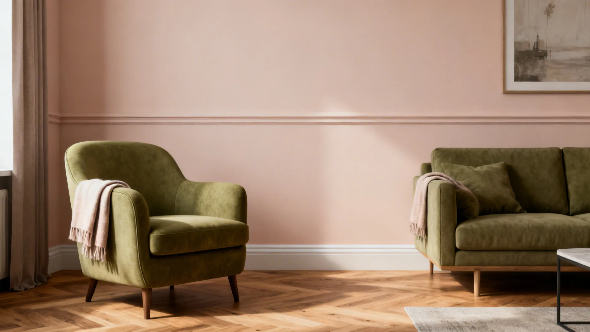 1. Soft Blush Walls + Olive Anchors