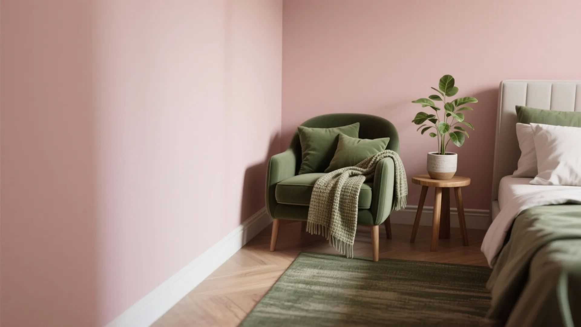 Cozy pink bedroom corner featuring green sofa small wooden table potted plant and dark green rug