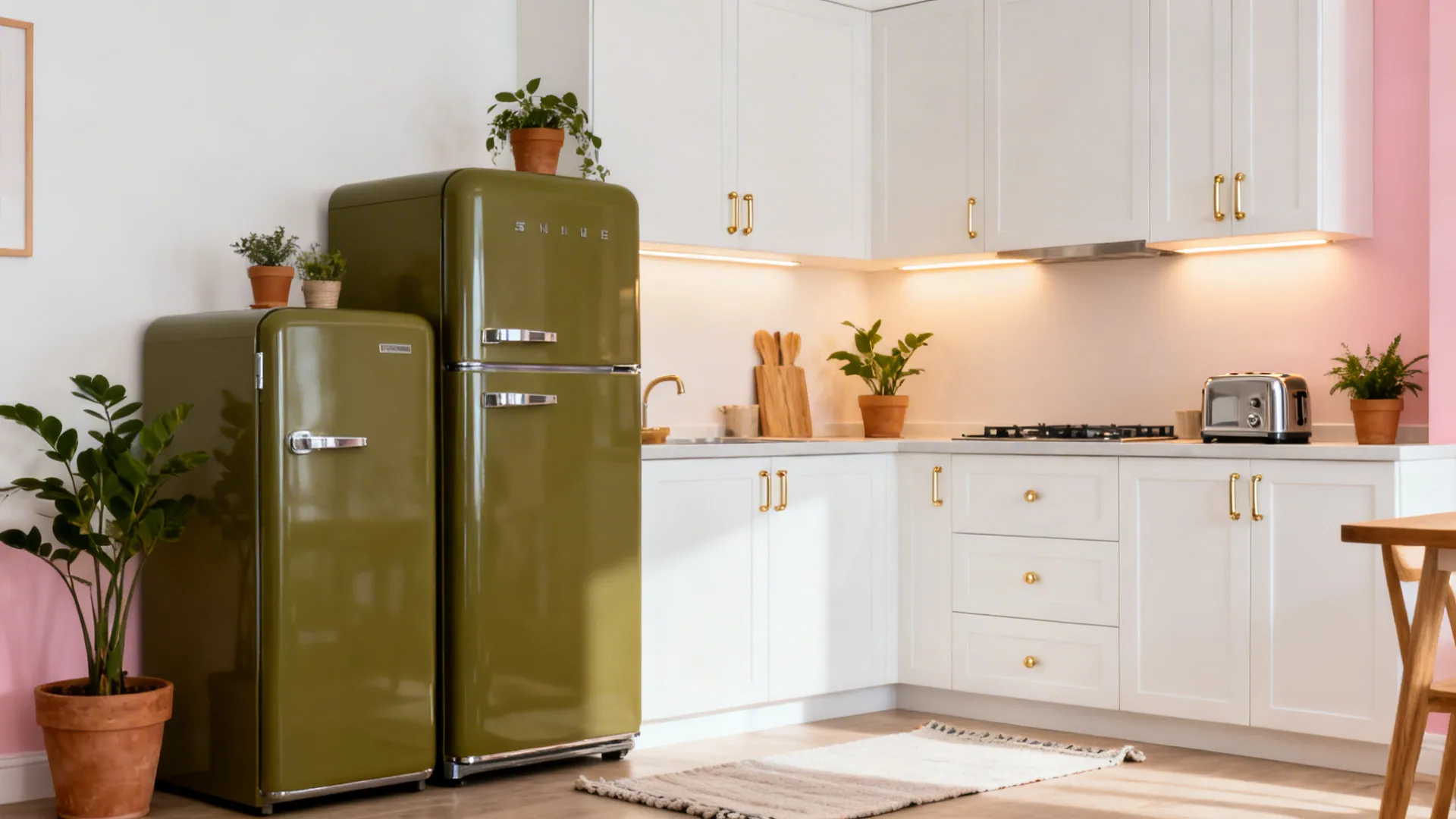 Rental kitchen with whisper-pink walls and olive retro appliances in warm light.