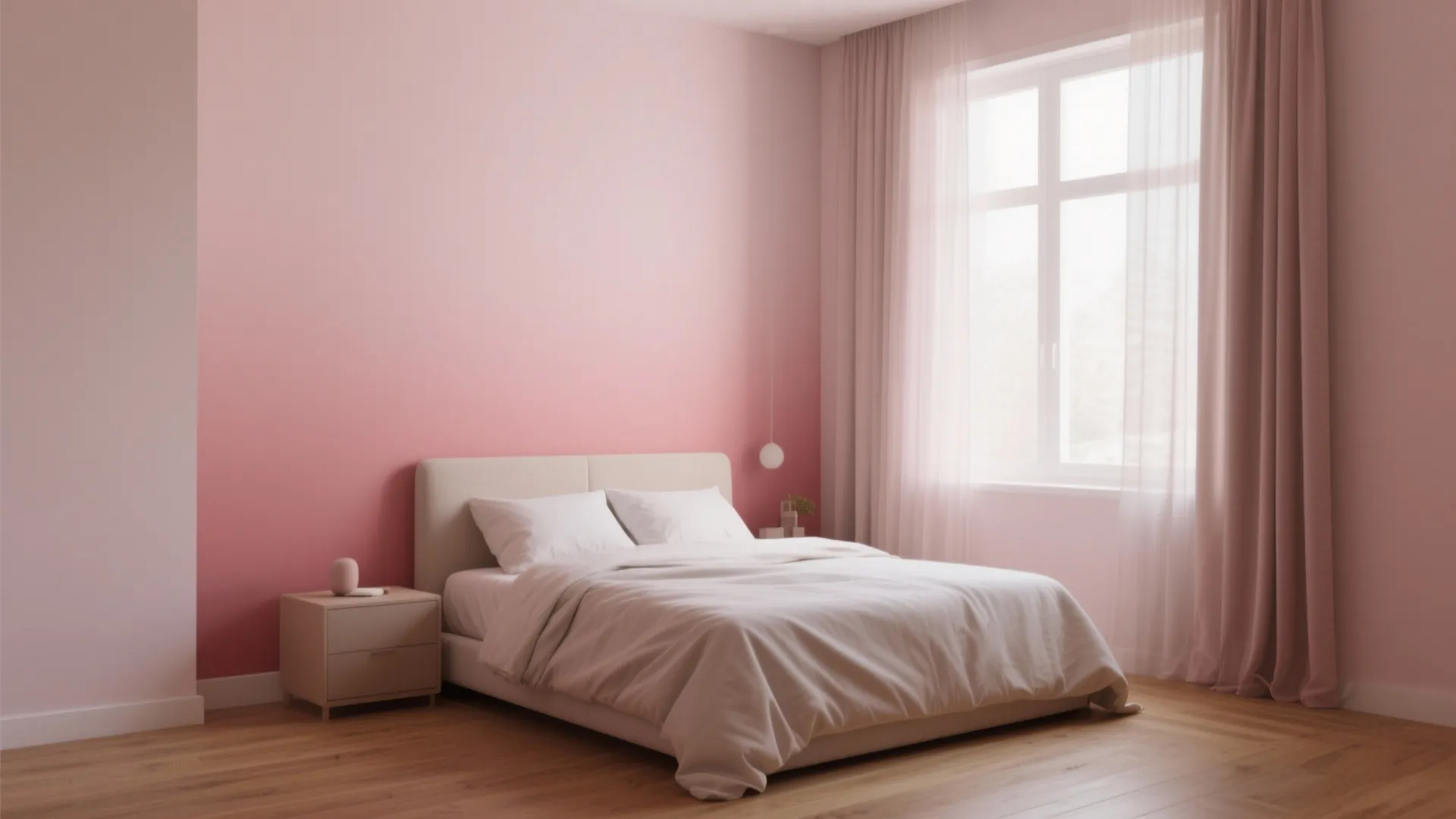 Modern bedroom with pink ombre wall white bed wooden floor light pink curtains and natural light