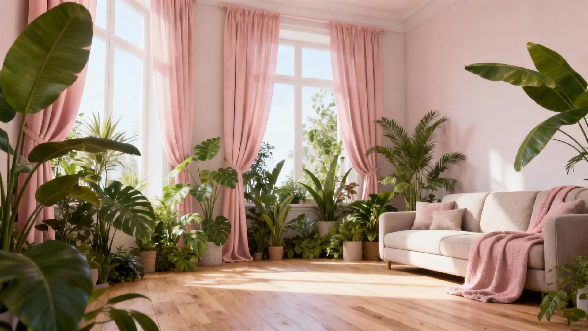 Living room with blush curtains paired with indoor plants and neutral furniture.