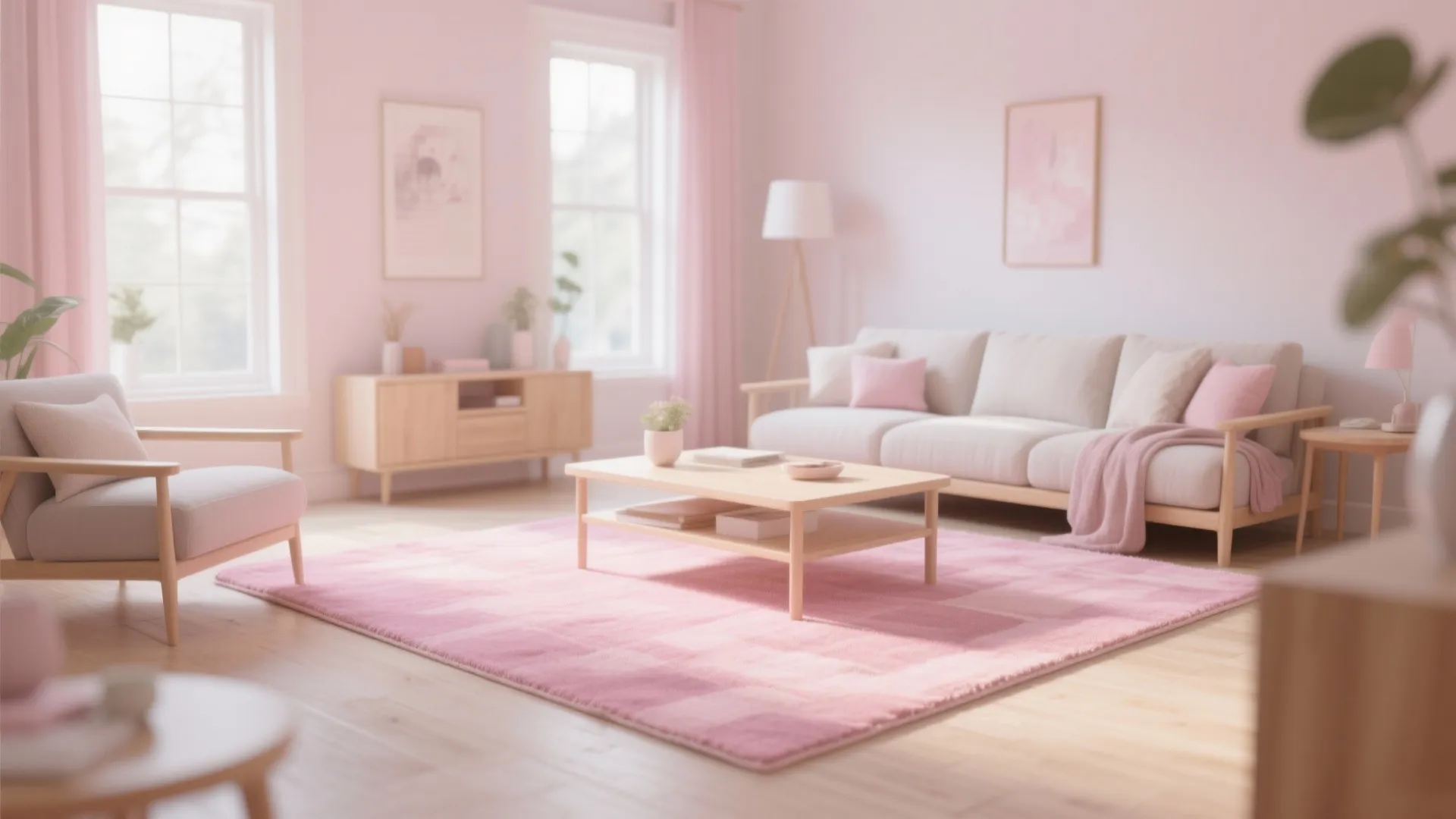 Soft pink living room with matching rug and wooden coffee table plus simple white sofa