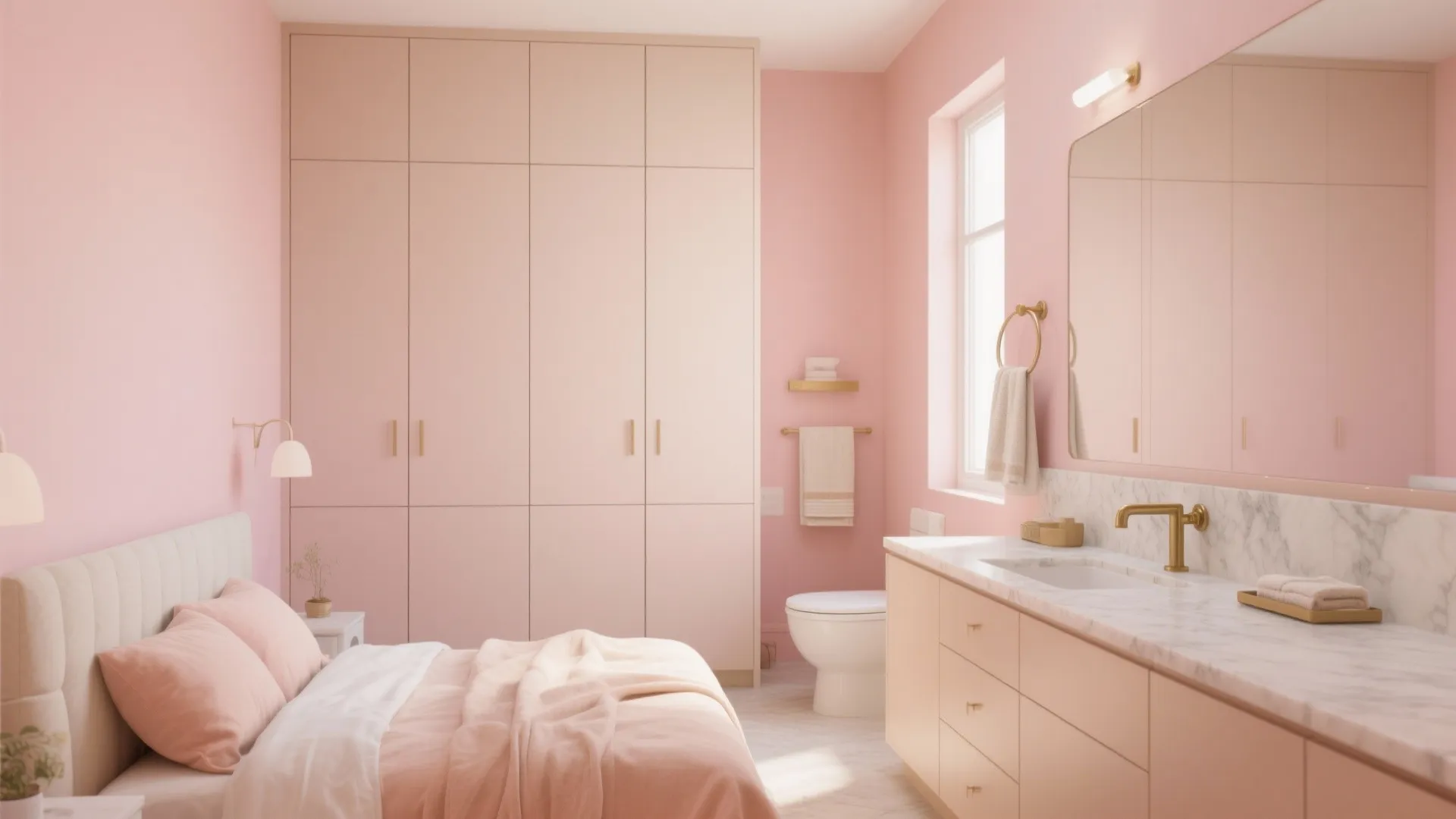 Modern pink bedroom with a large wardrobe bed bathroom sink marble counter and gold light fixtures
