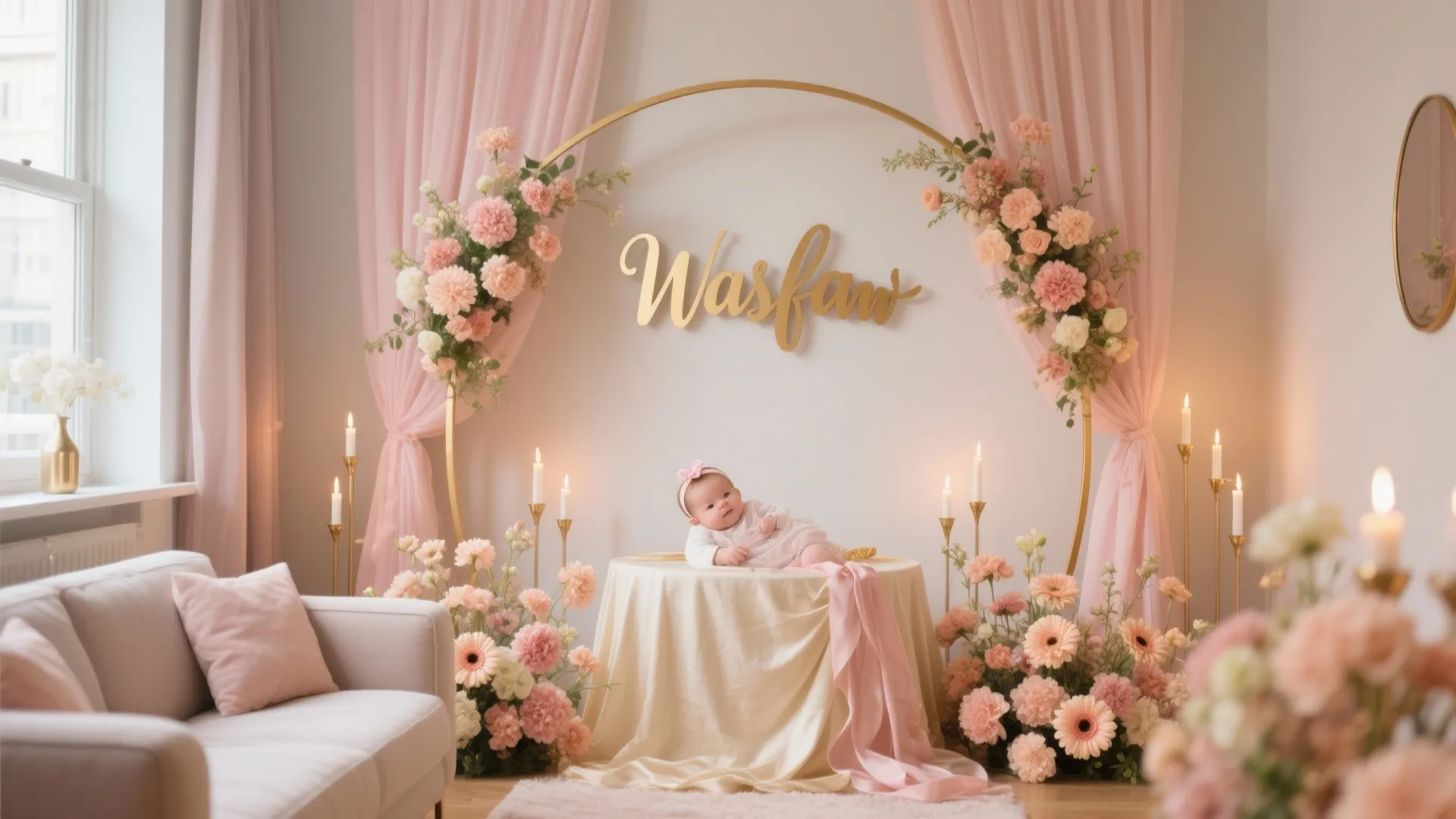 1) Blush, Peach, and Gold: The Floral Stage + Name Sign