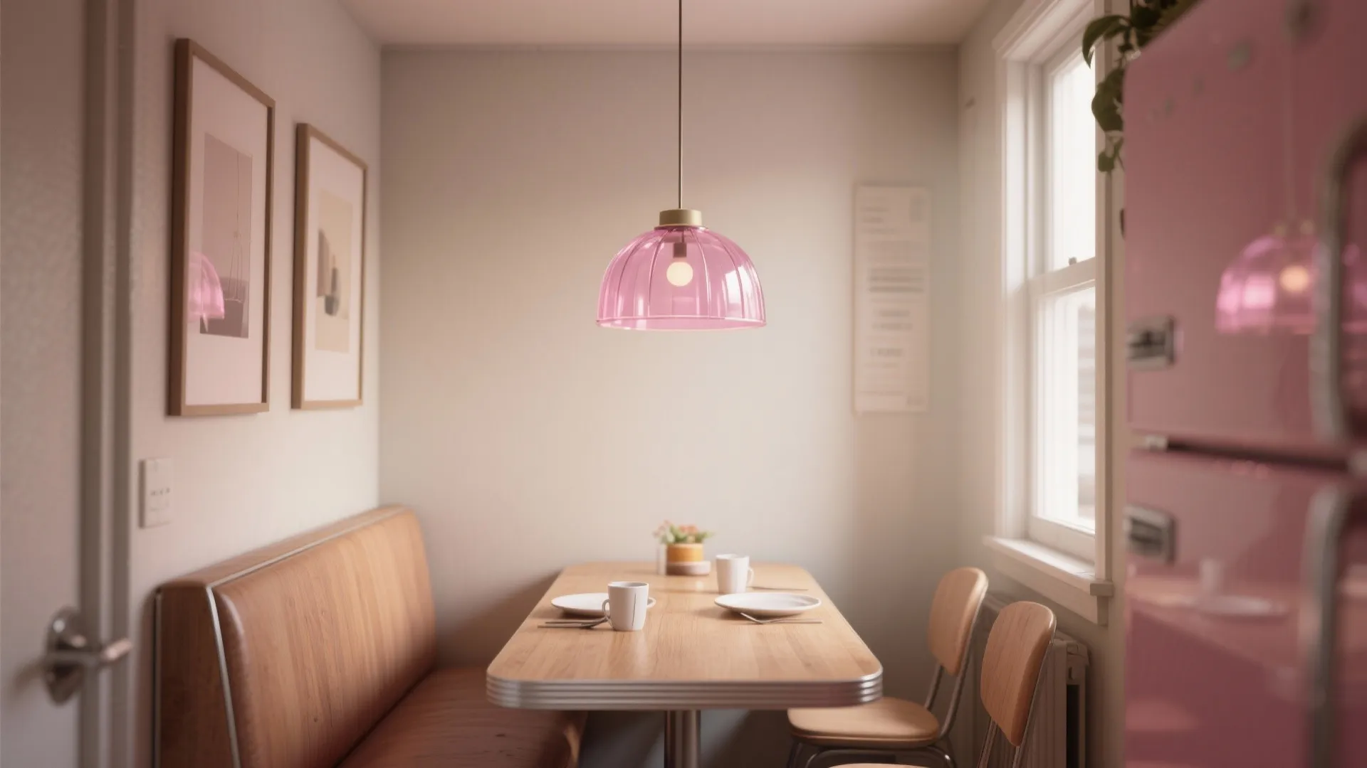 Small dining nook with wooden table pink ceiling light brown leather bench and white walls
