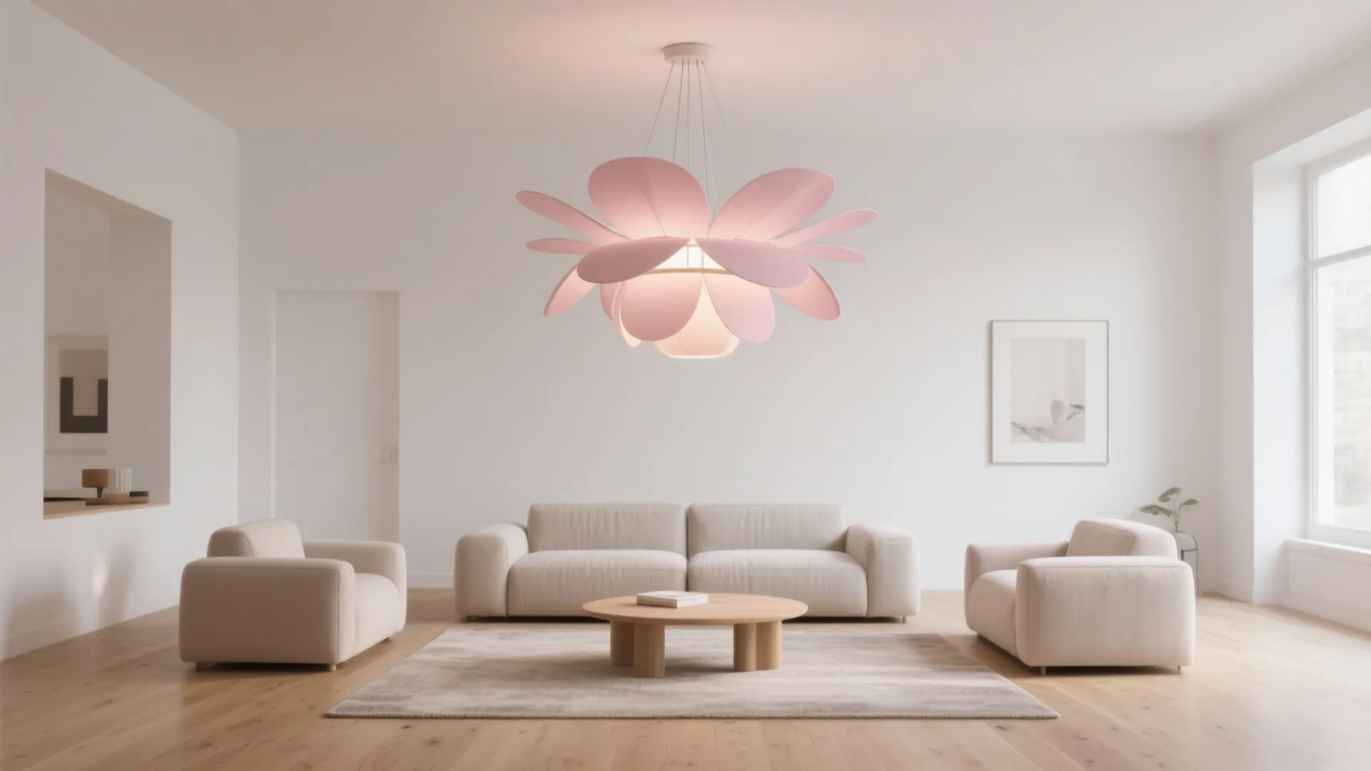 Minimalist living room featuring pink petal ceiling light white sofa wooden table and bright natural light