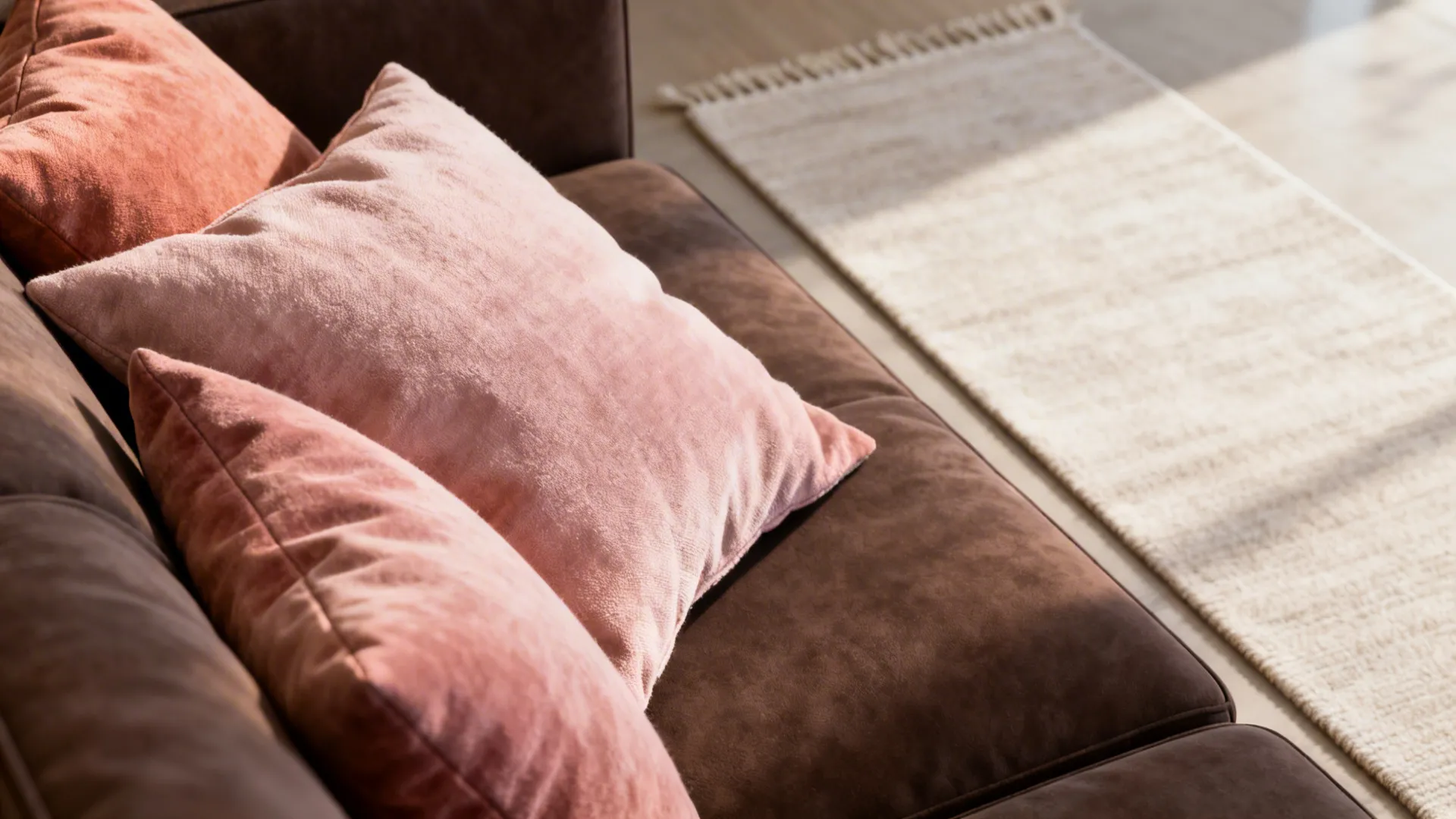 Dusty blush pillows on a dark brown sofa brightening the small living room.