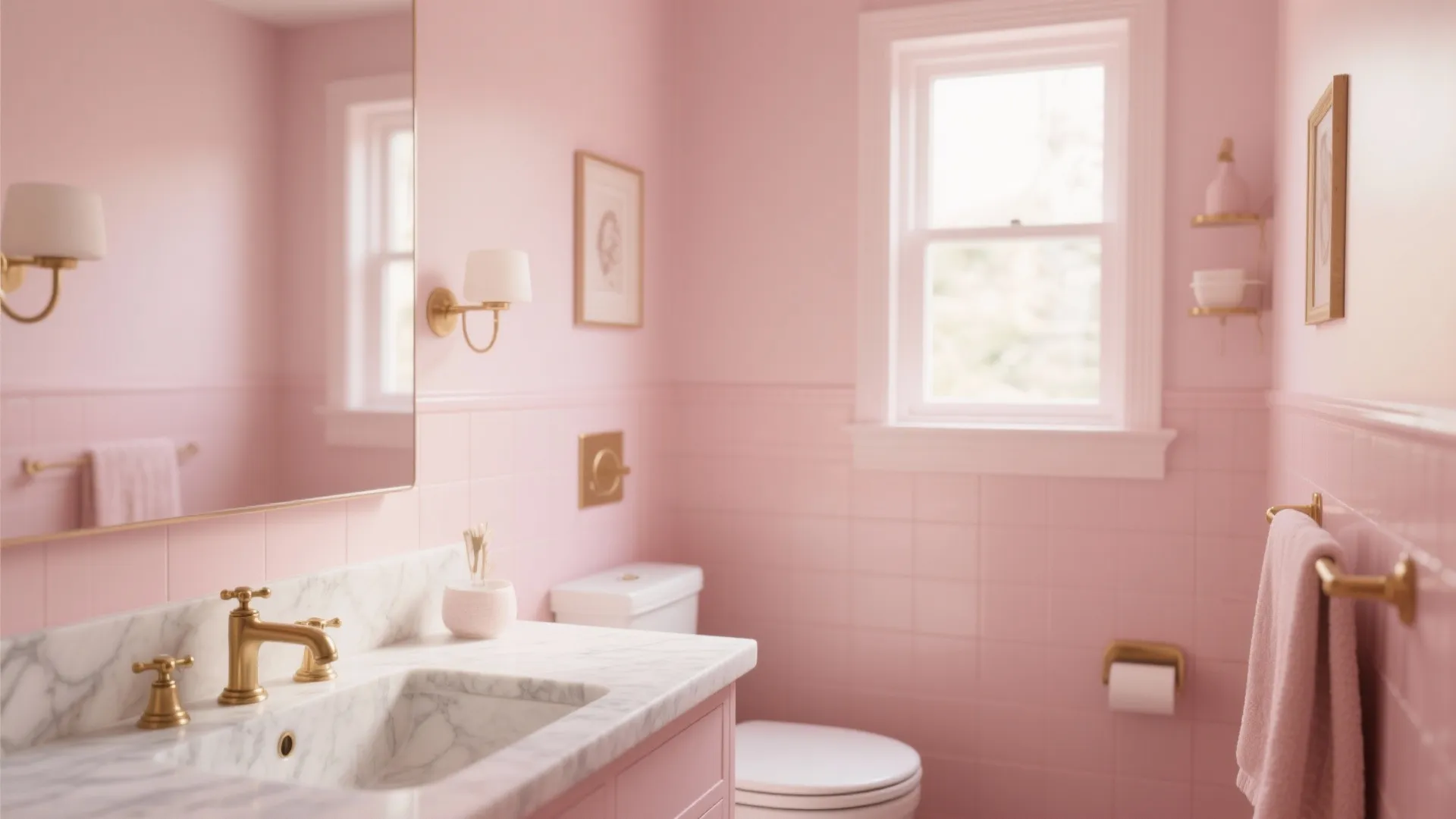 Elegant pink bathroom with marble top sink gold wall light toilet white window and pink towels