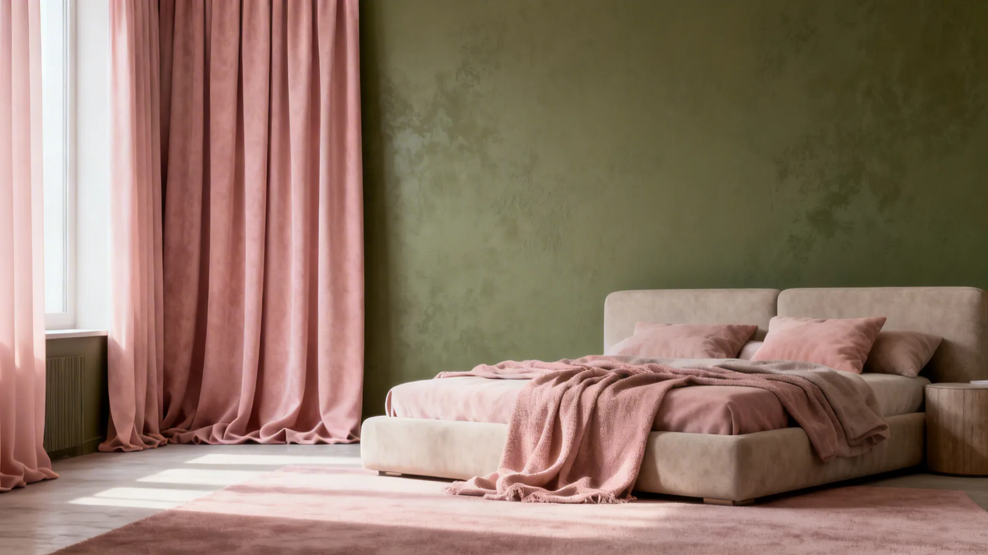 Pink curtains and green wall in a bedroom featuring beige bed pink bedding and rug