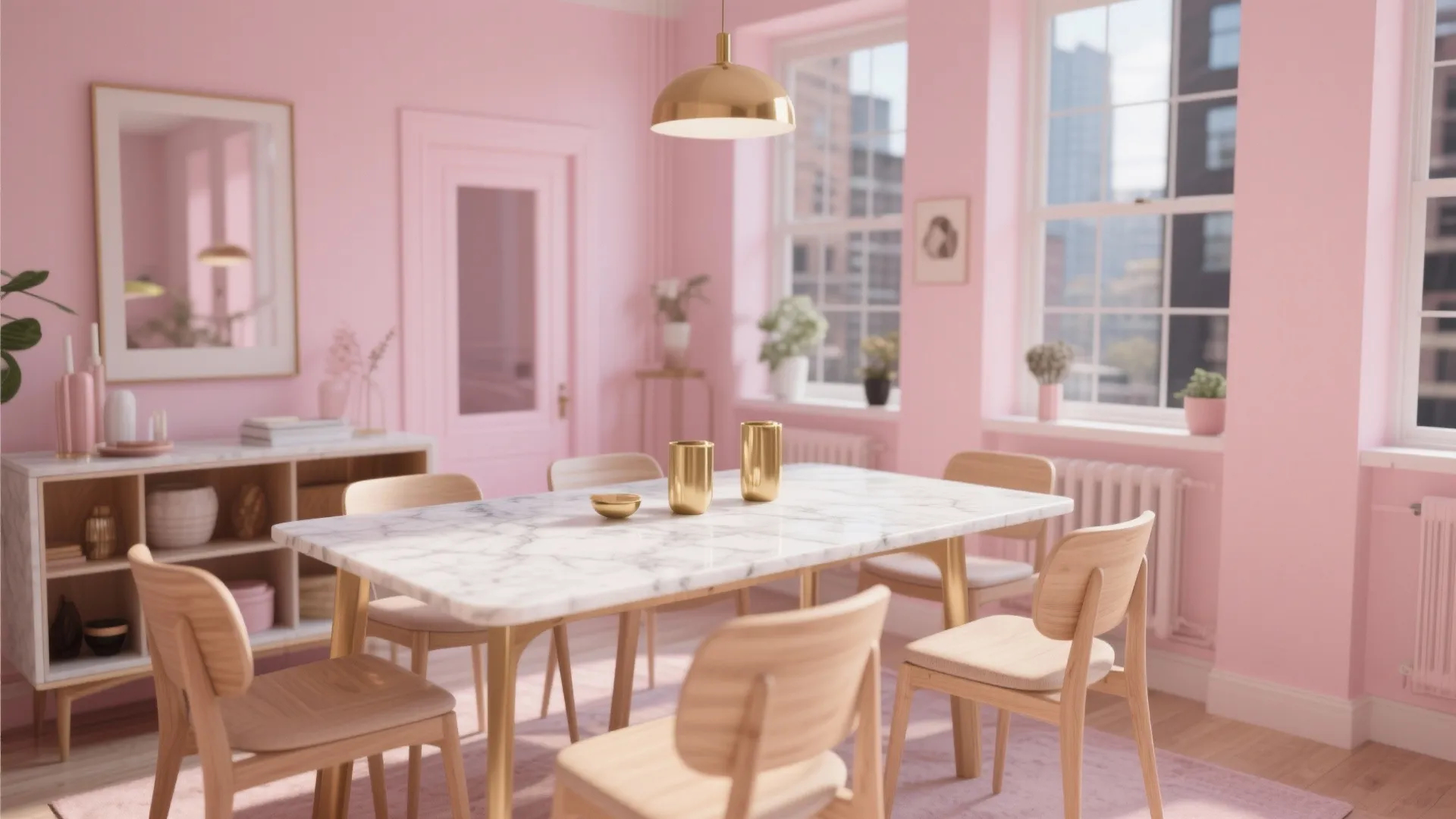 Blush pink dining space with marble table and brass details