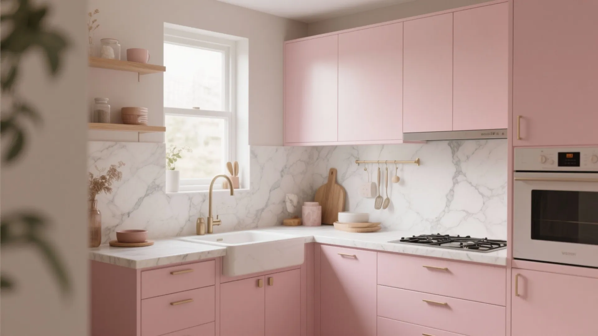 Pink kitchen cabinets with gold handles white marble backsplash and sink near a bright window view