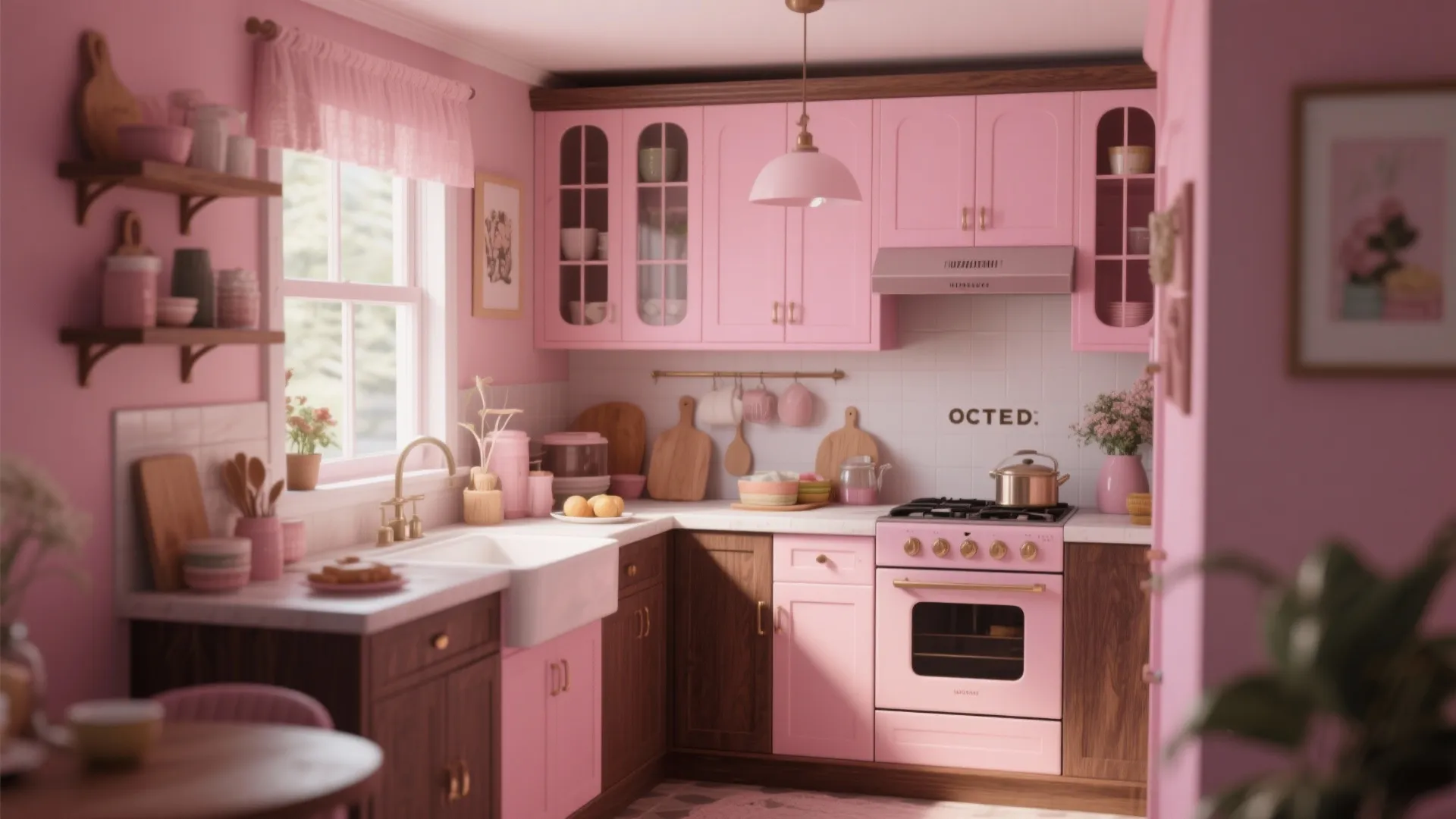 Pink and wood kitchen interior with ceiling light sink pink oven and white tiled walls