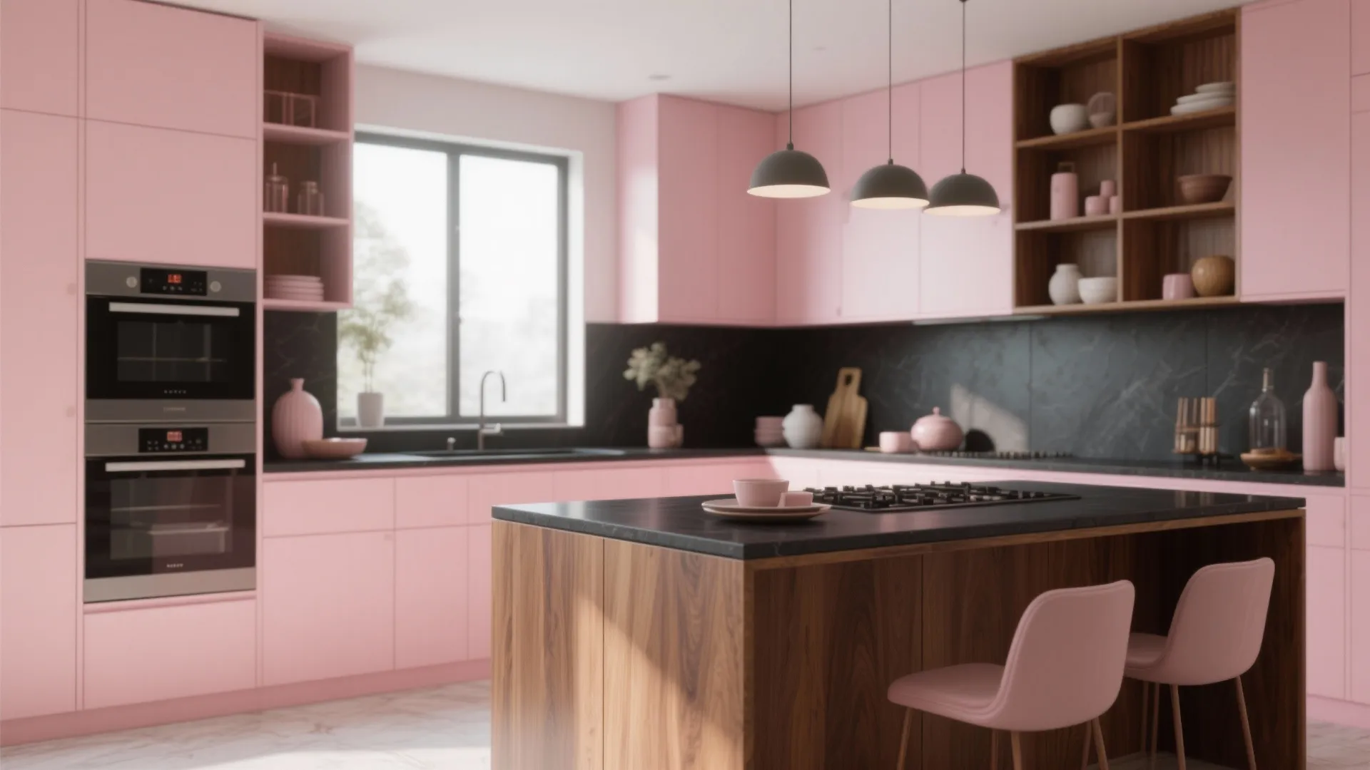 Modern pink kitchen with wood island black marble back panel built in oven and ceiling lights