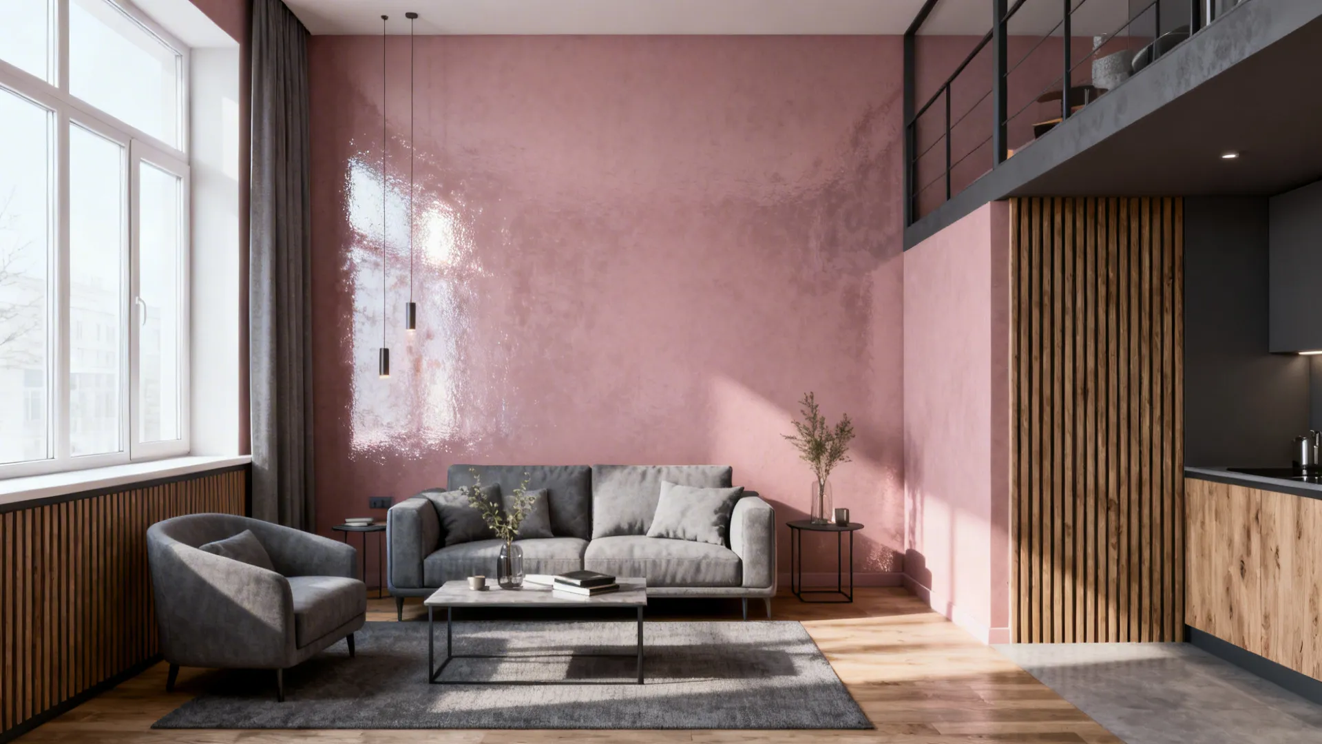 Compact loft with a dusky blush pink wall, grey accents and natural light