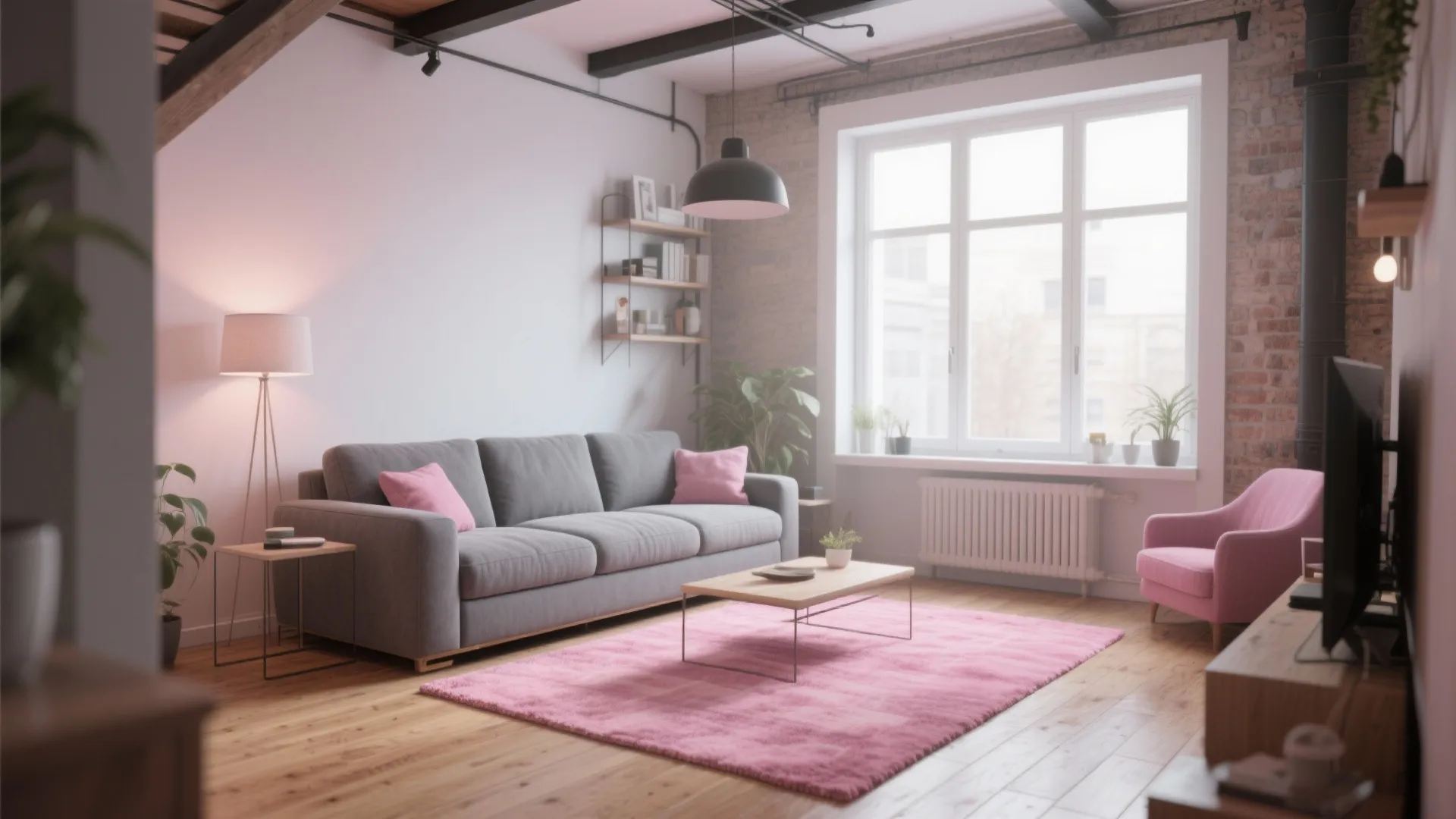 Modern living room with grey sofa, pink rug, wooden table, brick wall, and natural light