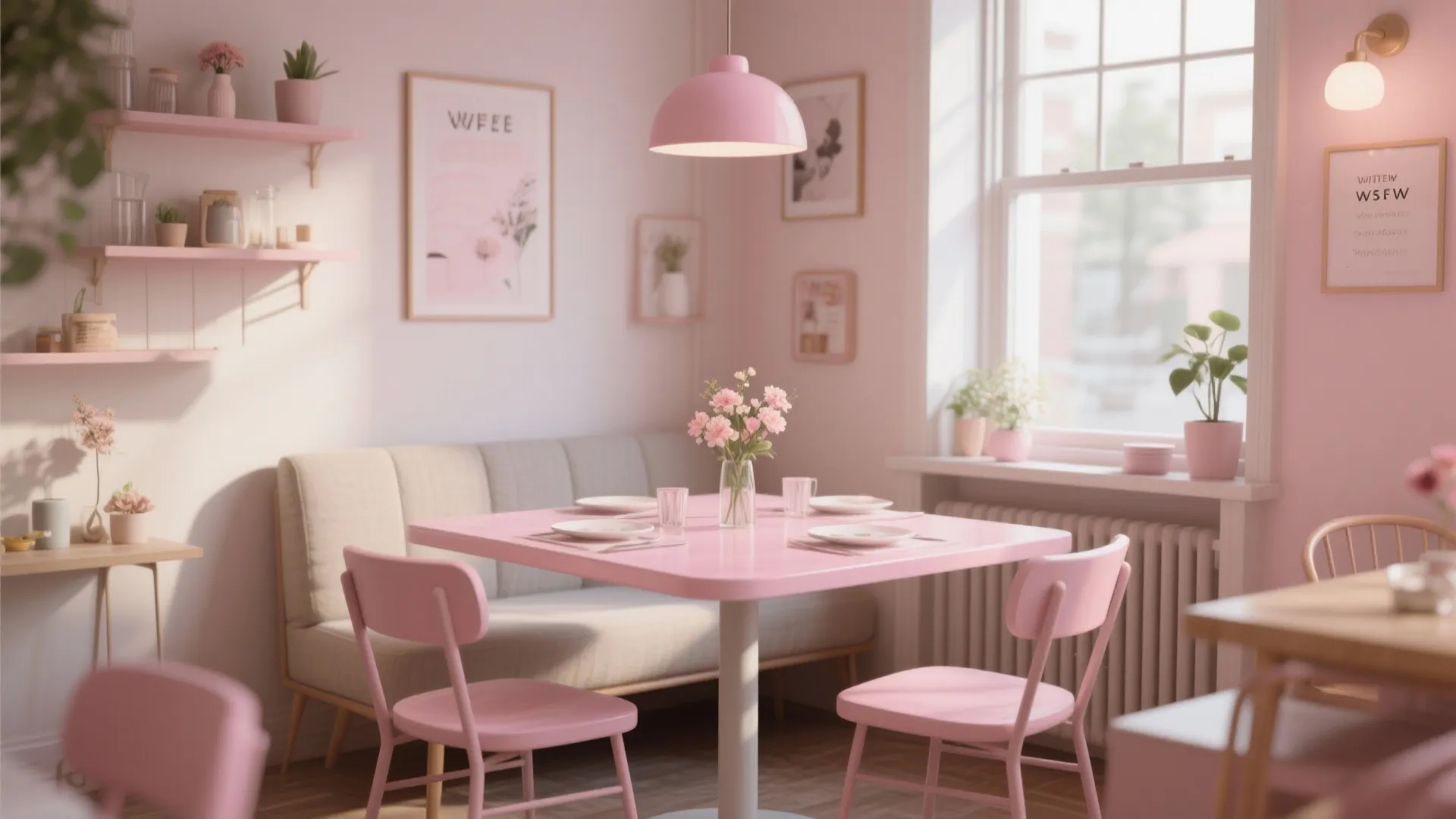 Cute pink dining area with pink table matching chairs wall shelves and soft natural light
