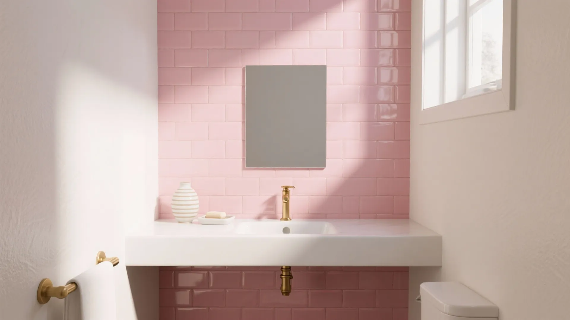 Modern bathroom featuring pink wall tiles white floating sink gold faucet and a wall mirror