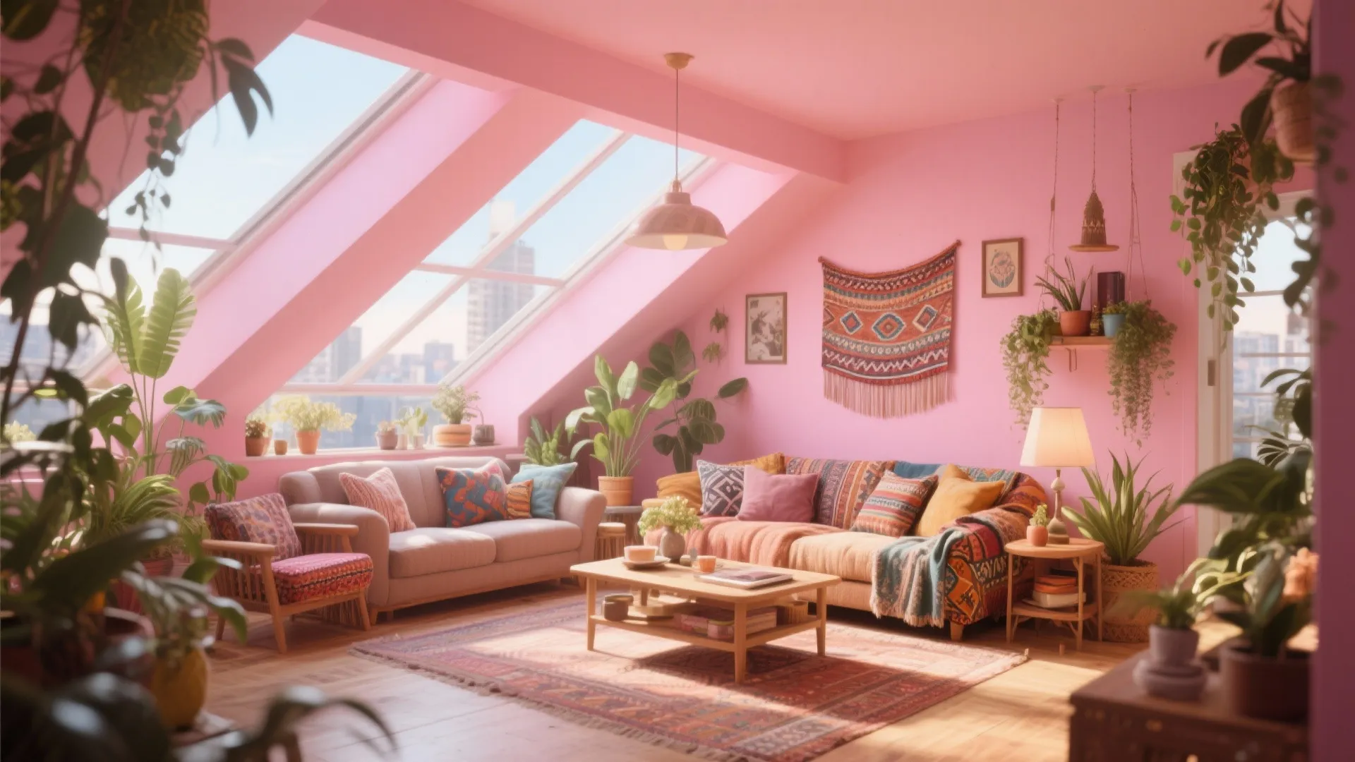 Boho penthouse with blush pink vaulted ceiling and plants