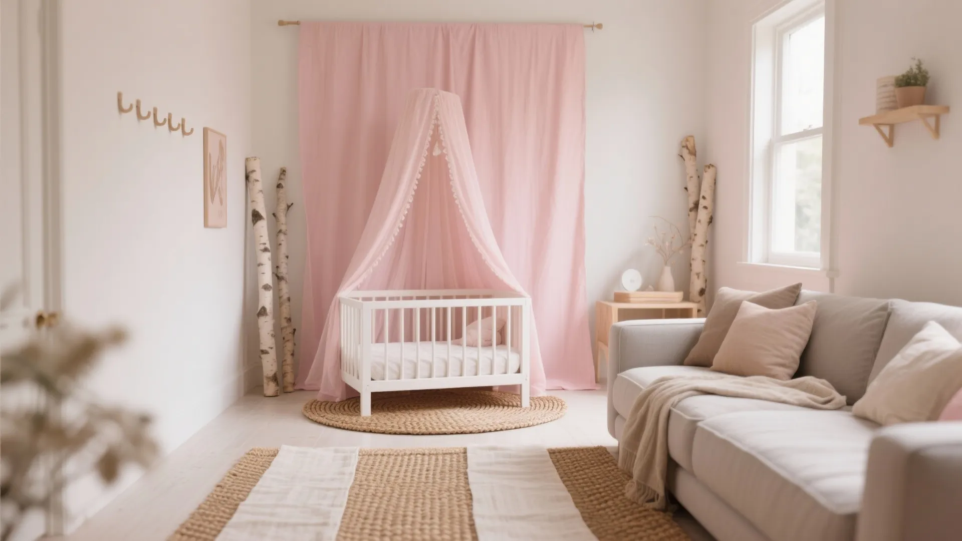 Boho style nursery with pink curtain, white baby bed, woven rugs, and a grey sofa