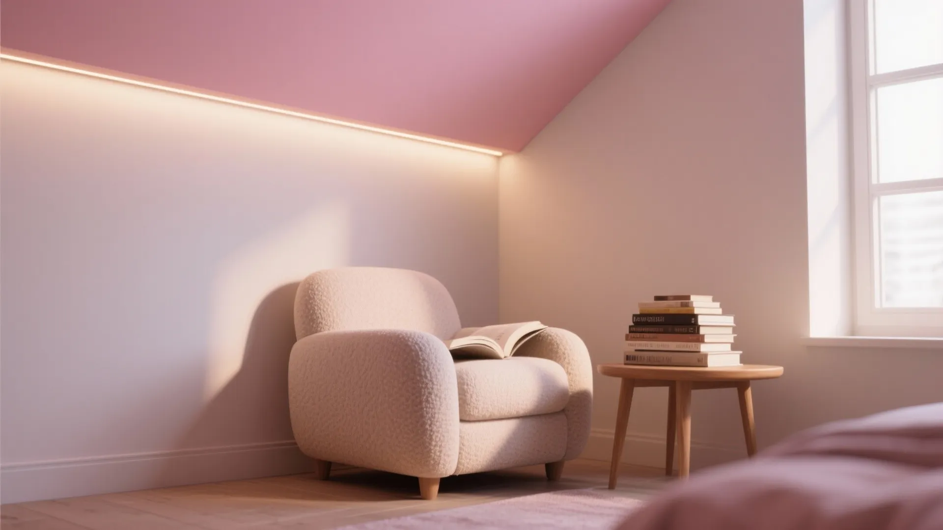 Cozy reading nook with white sofa and pink ceiling plus wood table and warm lighting