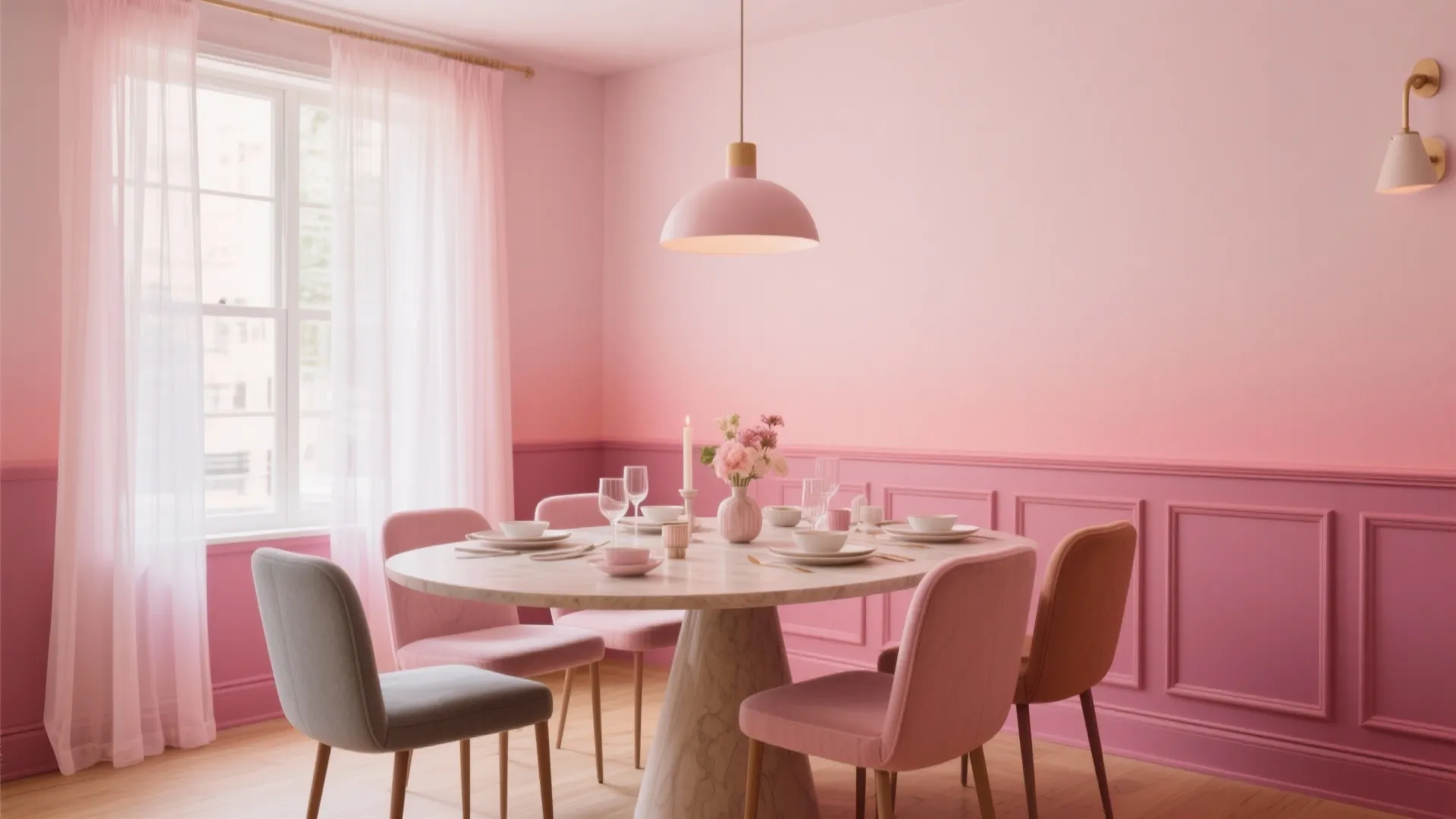 Dining room with gradient wall from blush to dusky rose