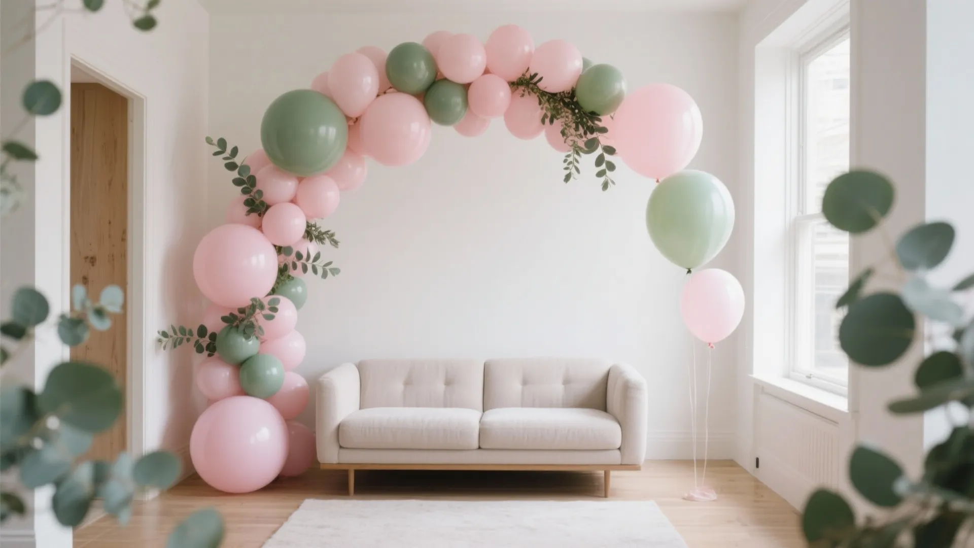 Minimalist blush-and-sage balloon arch with fresh sprigs
