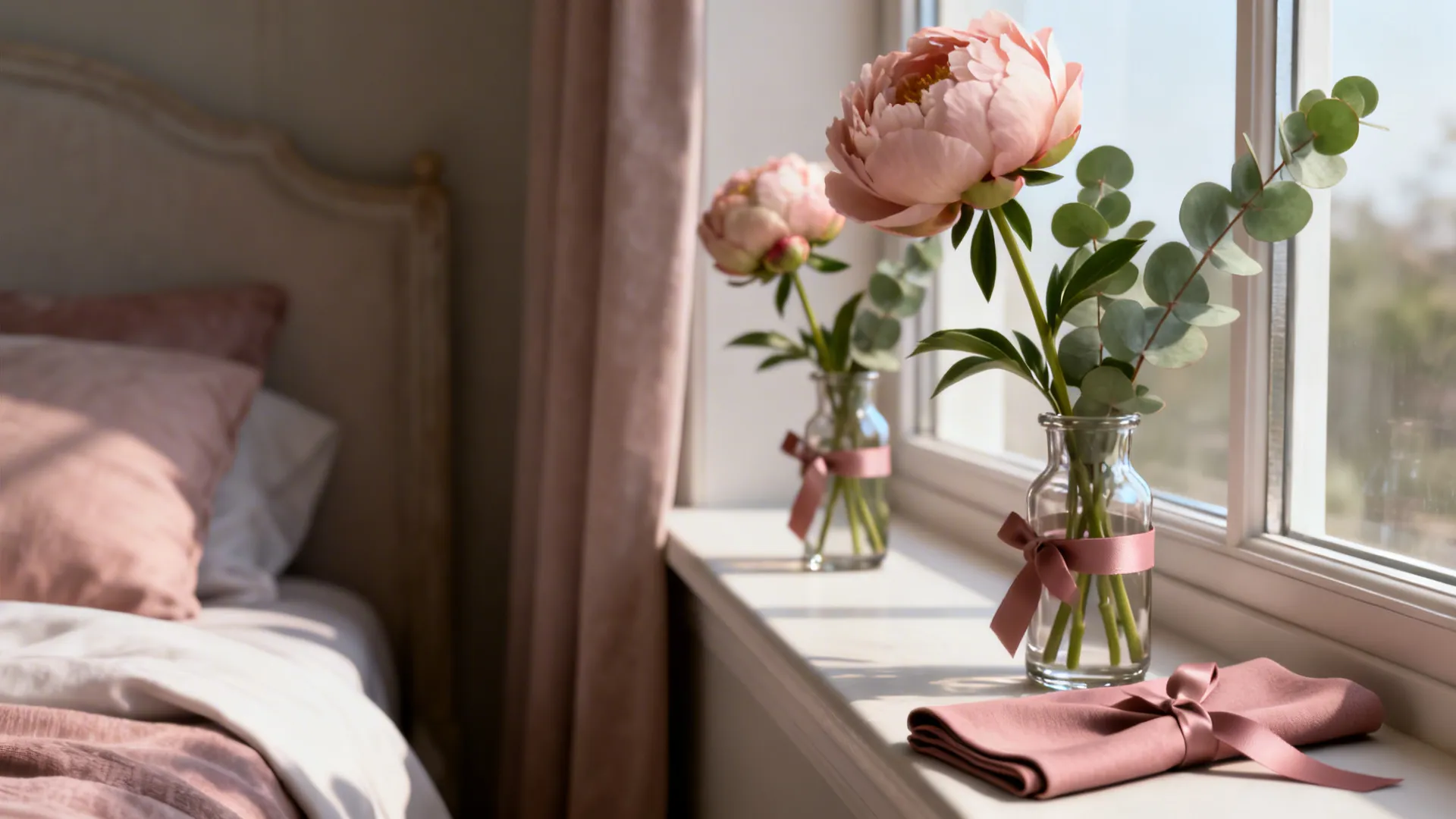 Macro of blush peonies and eucalyptus in bud vases with dusty-rose ribbon accents.