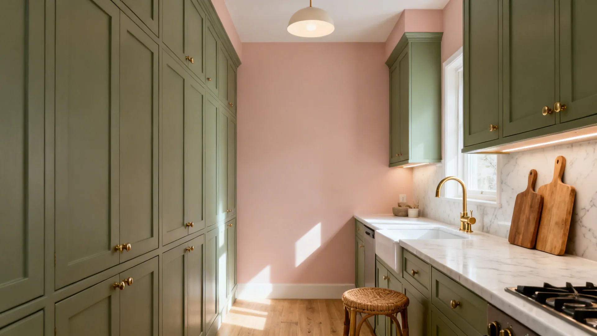 Serene small galley kitchen with blush walls and sage cabinets in soft light.