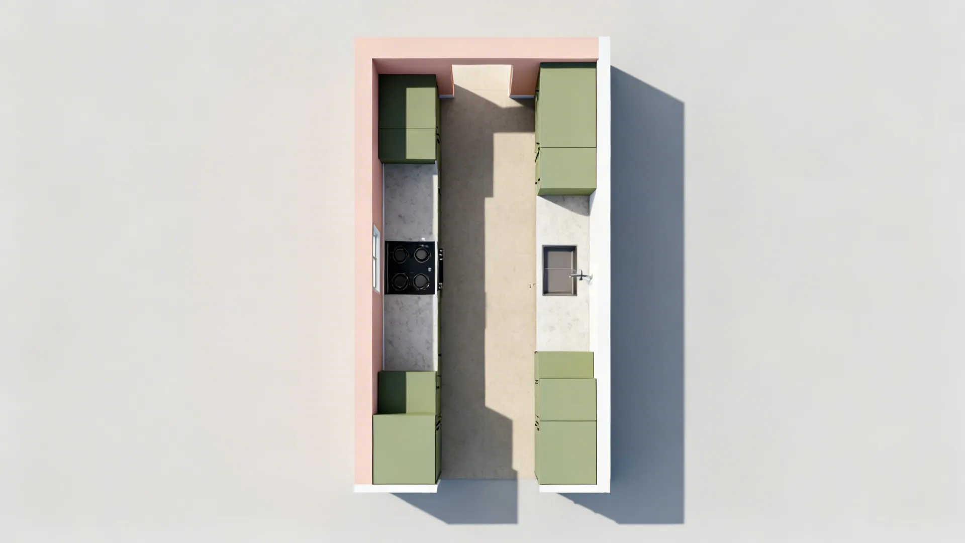Top-down plan visual mapping blush walls and sage cabinets in a small galley.