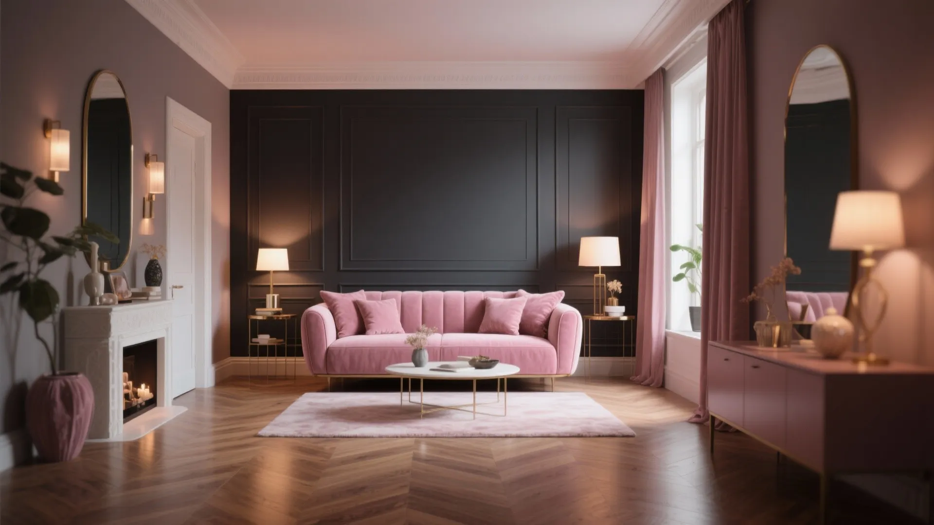 Elegant living room featuring a pink sofa against a dark wall with golden light fixtures