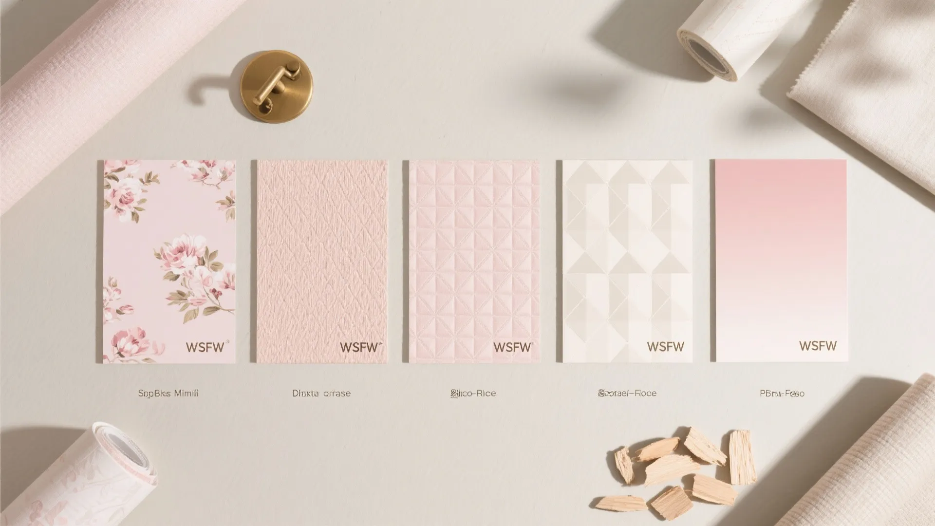 Five pink wallpaper samples showing different patterns and colors next to small wooden wall panels