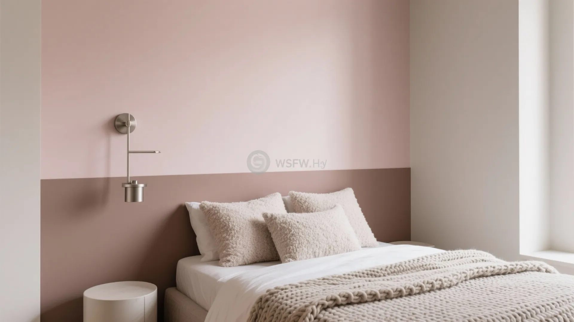 Modern bedroom with pink and brown wall panels white bedding soft pillows and wall light
