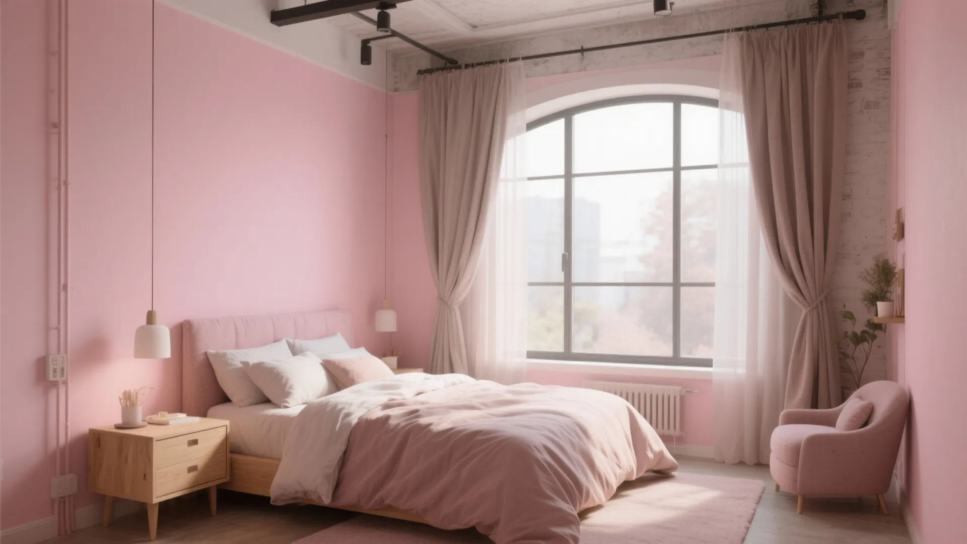 Blush pink and taupe loft bedroom with soft fabrics