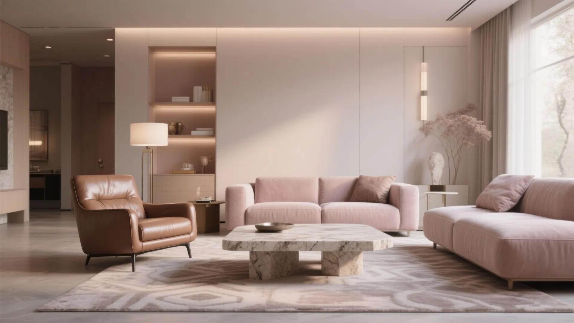 Modern living room featuring pink sofas brown leather armchair marble coffee table patterned rug lamp