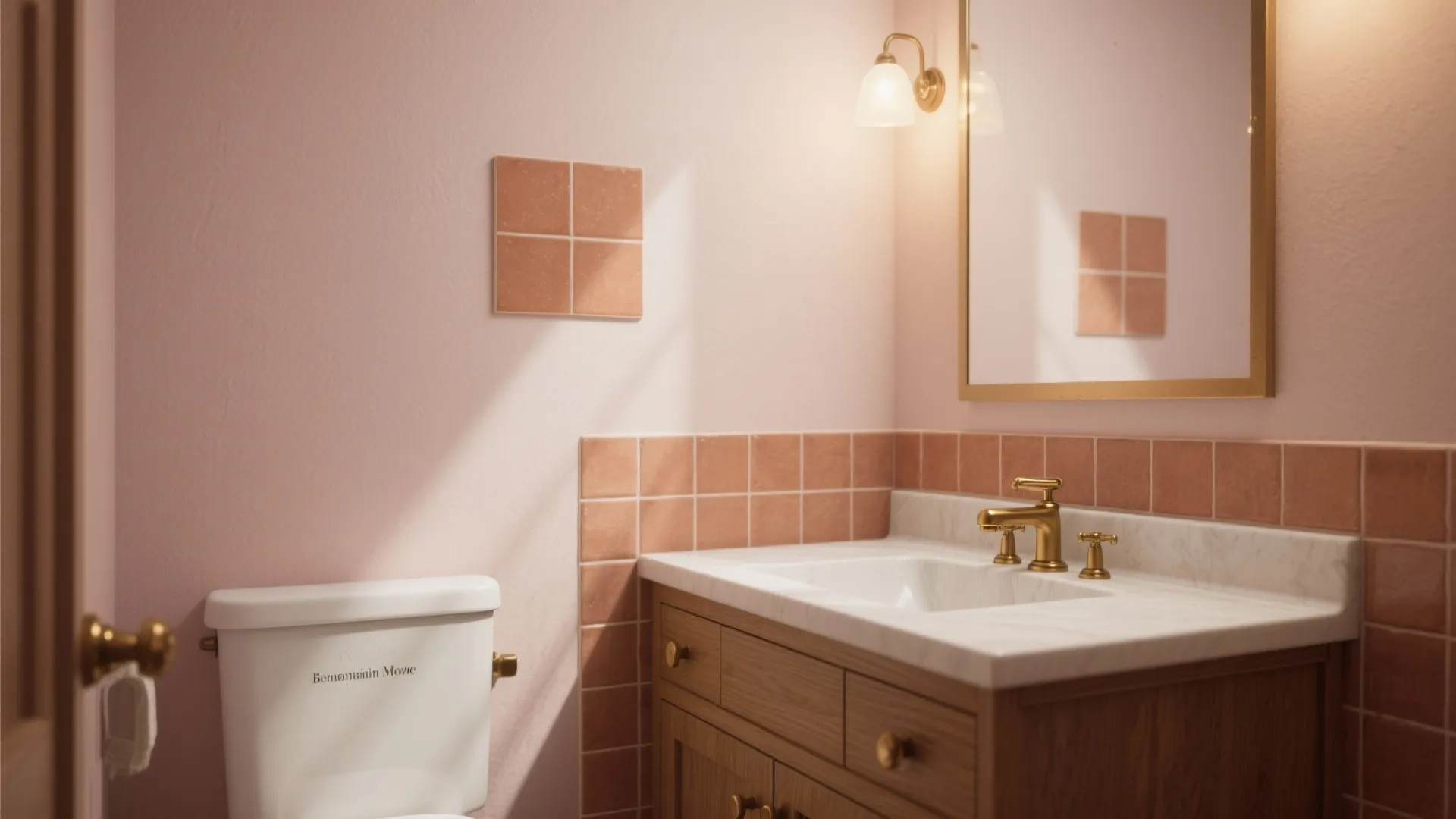 Bathroom interior design with pink walls terracotta tiles wooden cabinet gold faucet and wall light