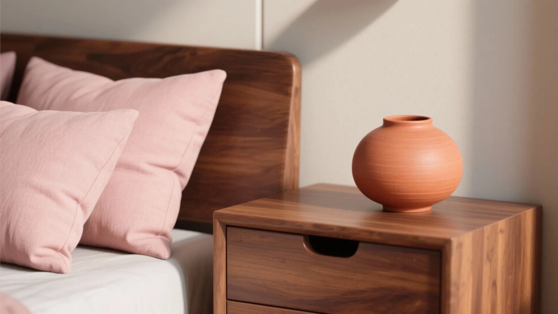 Close-up of cherry wood with soft blush textiles and terracotta accent vase, highlighting texture and color harmony.