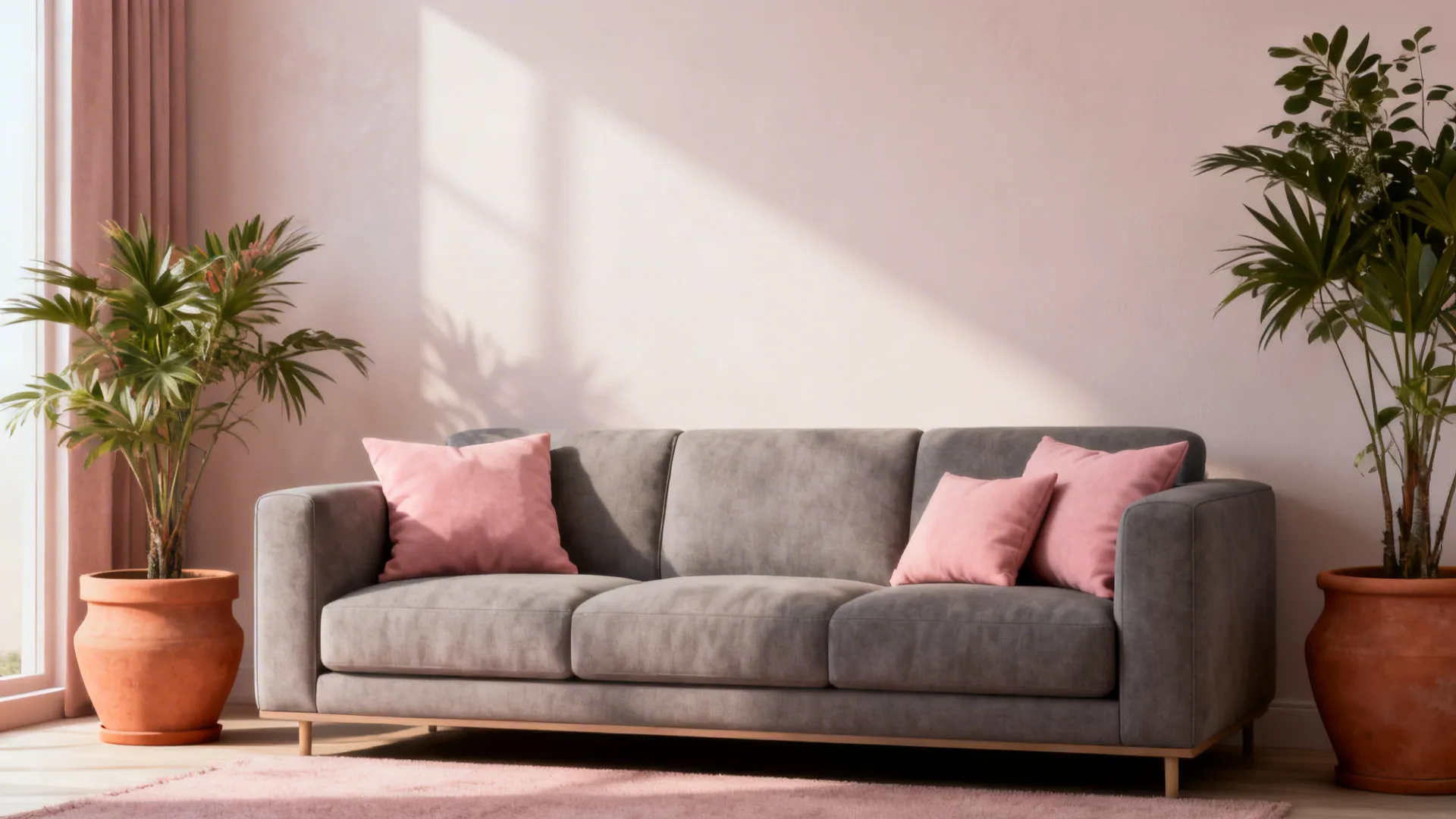 Grey sofa with blush pink cushions and terracotta pots for a soft, contemporary look