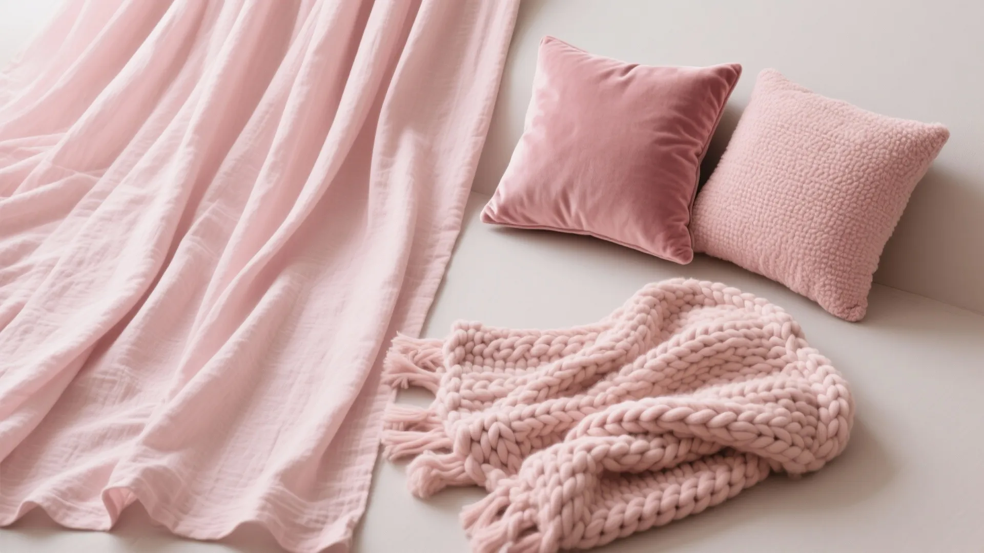 Pink fabric draped next to two pink pillows and a chunky knit blanket on neutral surface