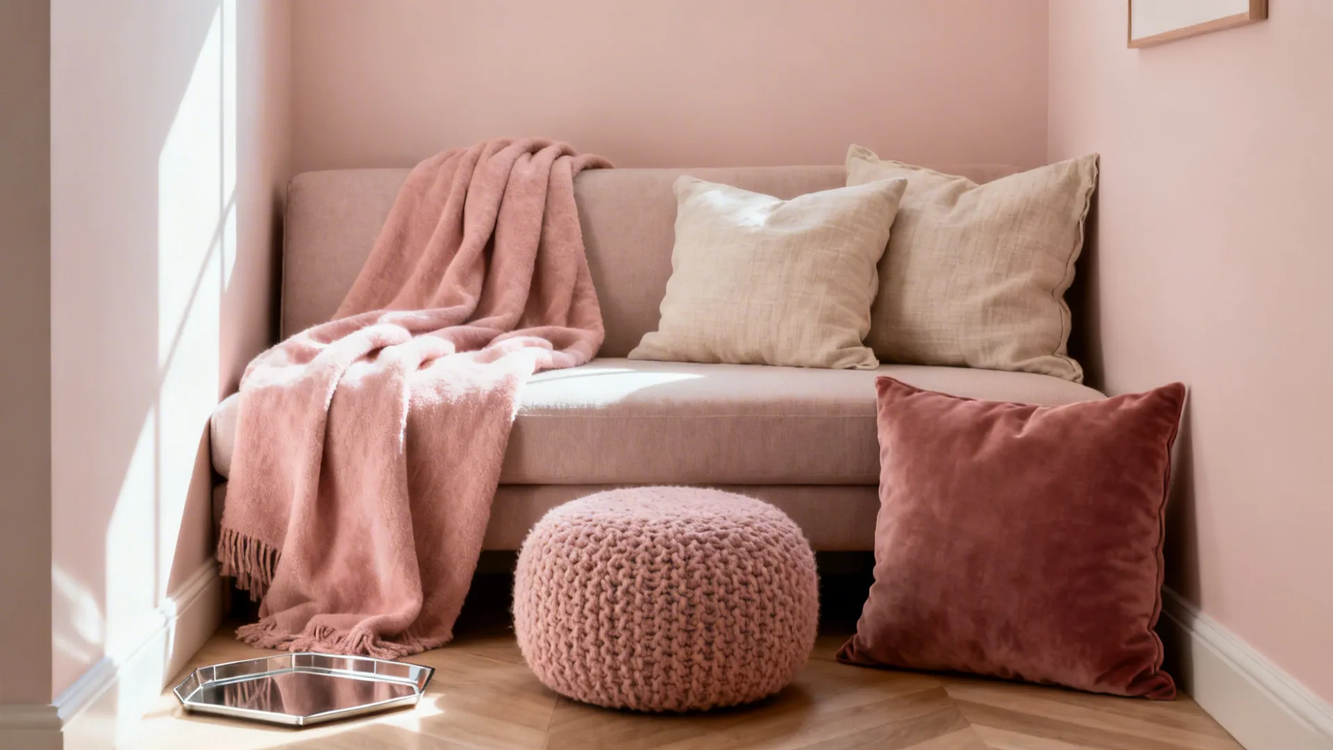 Monochrome blush living room vignette with linen, velvet, and boucle textures.