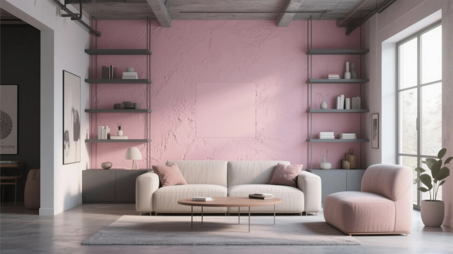 Living room with blush pink wall and charcoal shelving